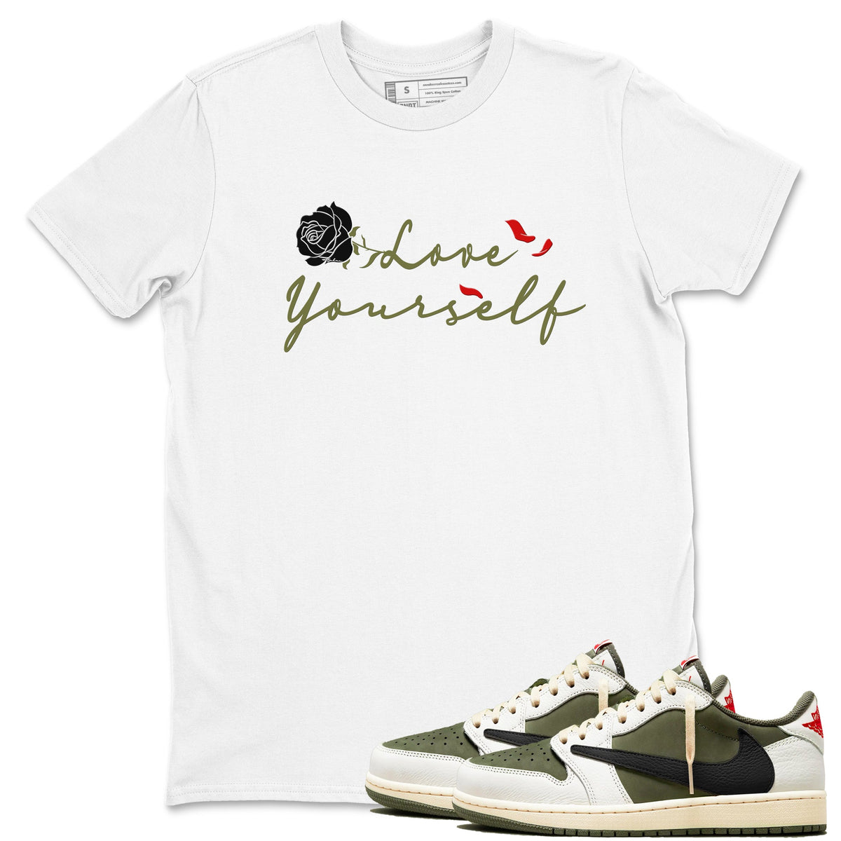 1s Travis Scott Medium Olive shirts to match jordans Love Yourself sneaker match tees Air Jordan 1 Travis Scott Medium Olive match shoes to clothes Drip Gear Zone unisex cotton White 1 shirts