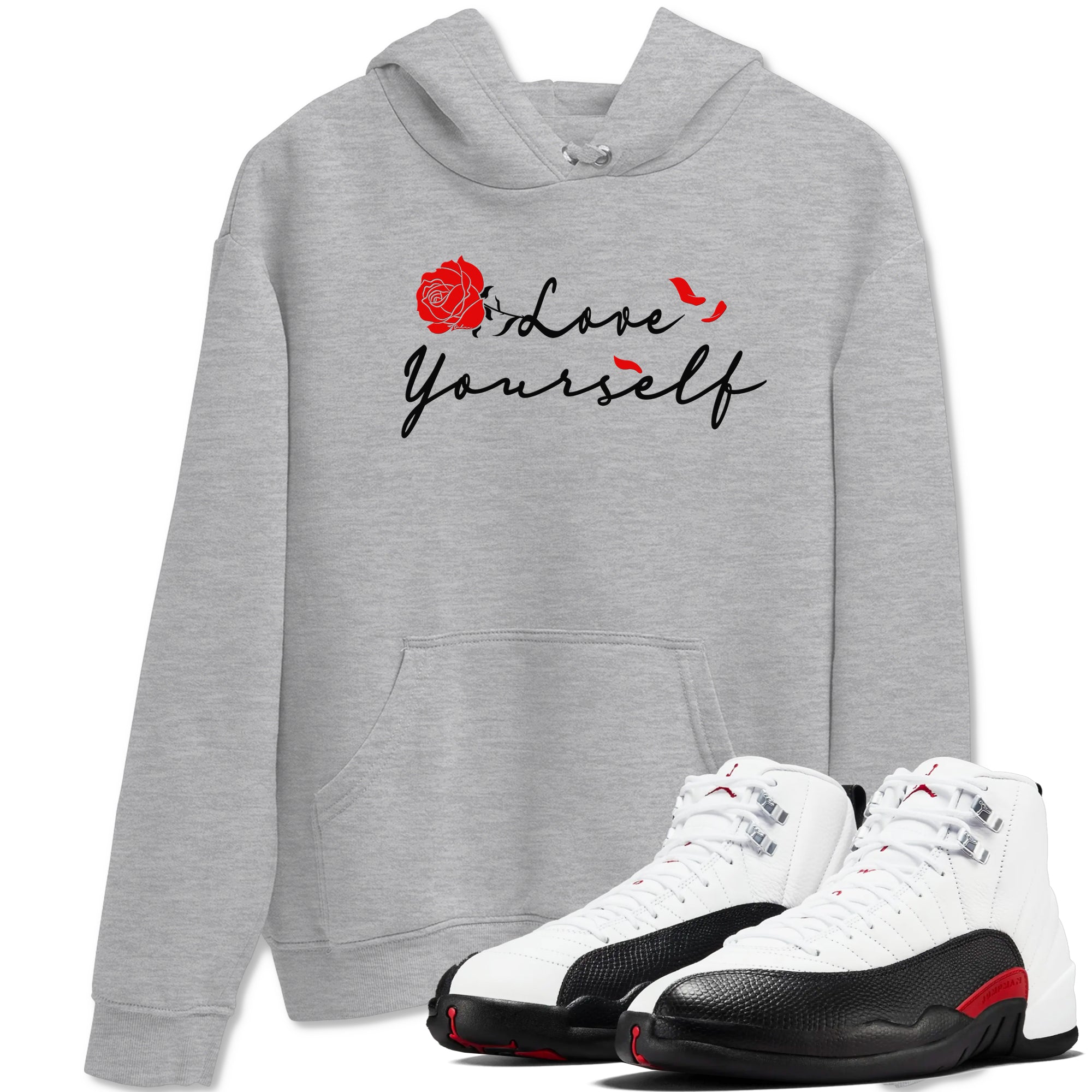 AJ12 Taxi Flip shirts to match jordans Love Yourself sneaker match tees Air Jordan 12 Taxi Flip Drip Gear Zone streetwear brand Heather Grey 1 unisex cotton tee