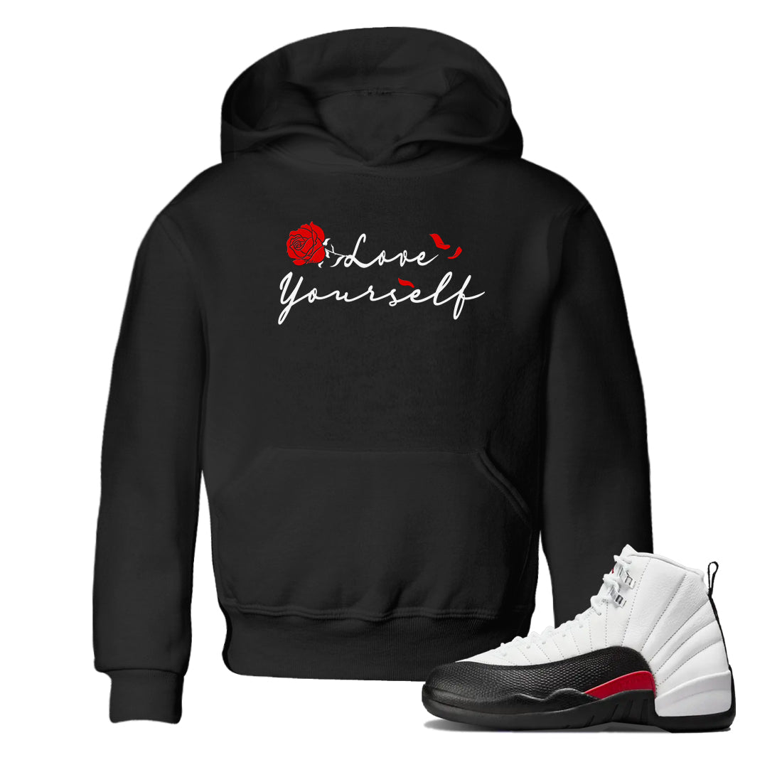 AJ12 Taxi Flip shirts to match jordans Love Yourself sneaker match tees Air Jordan 12 Taxi Flip Drip Gear Zone streetwear brand Baby and Youth Black 1 cotton tee