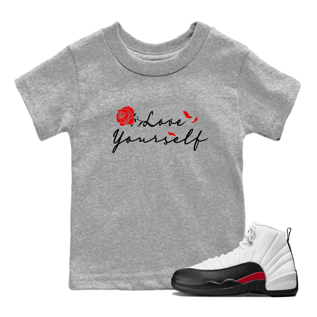 AJ12 Taxi Flip shirts to match jordans Love Yourself sneaker match tees Air Jordan 12 Taxi Flip Drip Gear Zone streetwear brand Baby and Youth Heather Grey 1 cotton tee