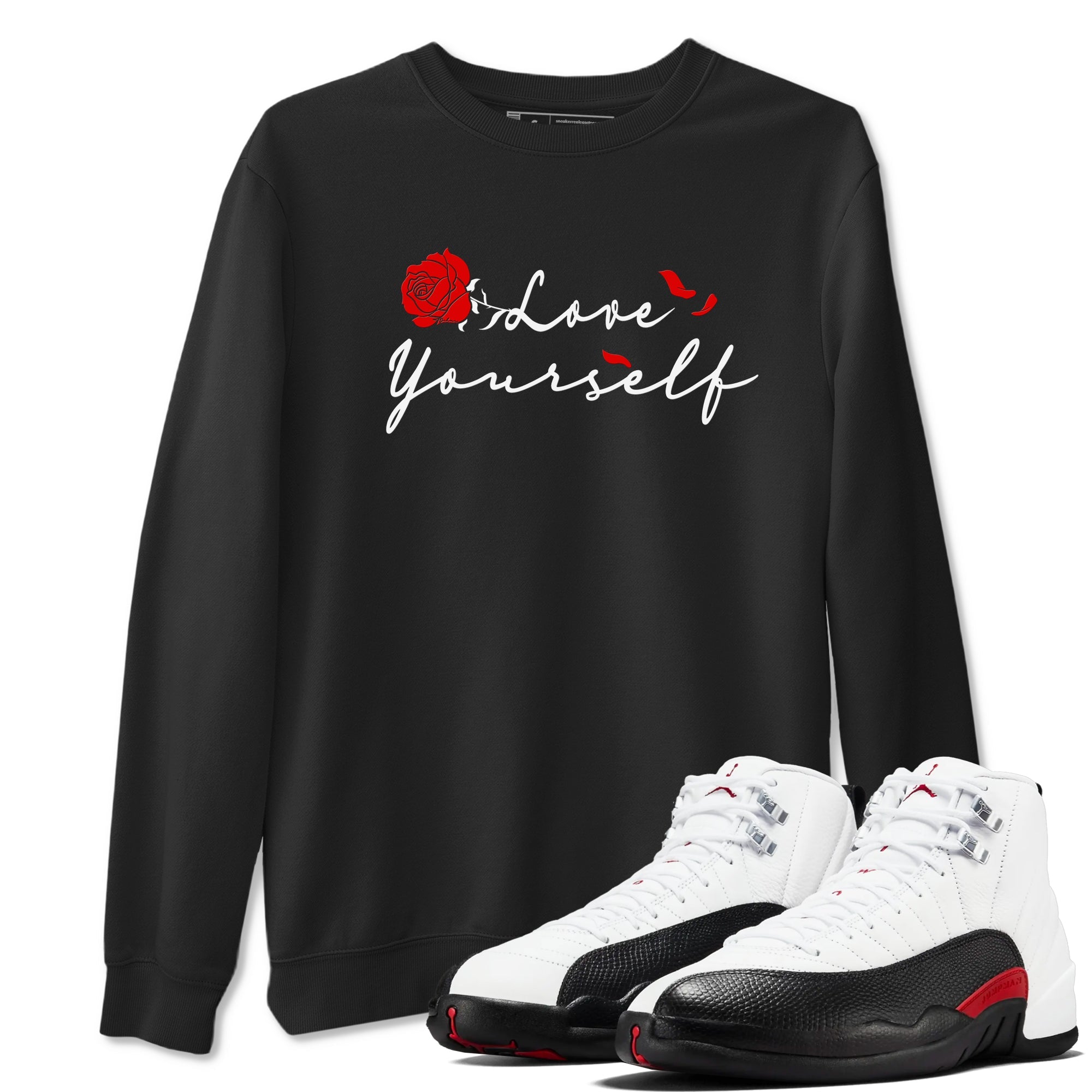AJ12 Taxi Flip shirts to match jordans Love Yourself sneaker match tees Air Jordan 12 Taxi Flip Drip Gear Zone streetwear brand Black 1 unisex cotton tee