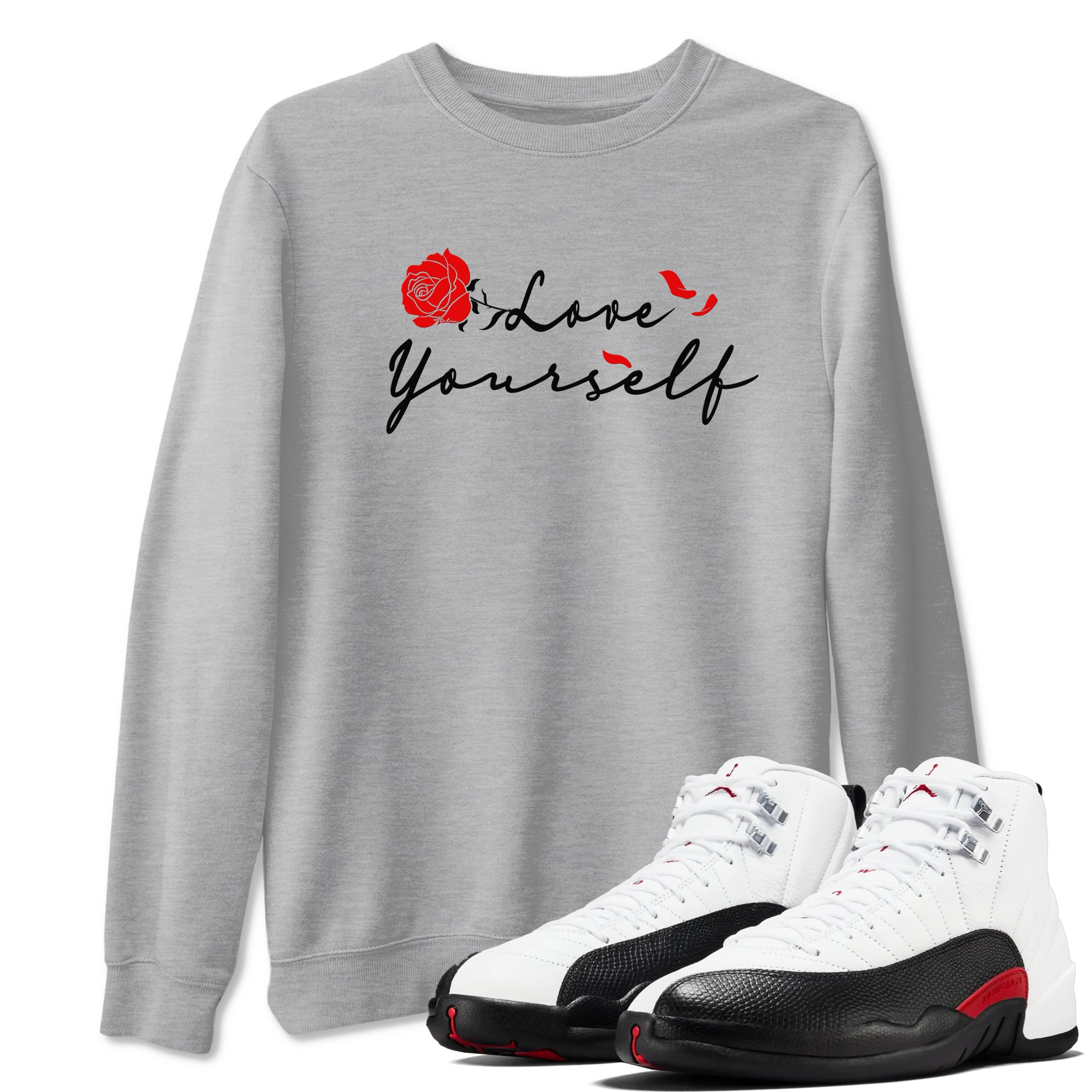 AJ12 Taxi Flip shirts to match jordans Love Yourself sneaker match tees Air Jordan 12 Taxi Flip Drip Gear Zone streetwear brand Heather Grey 1 unisex cotton tee