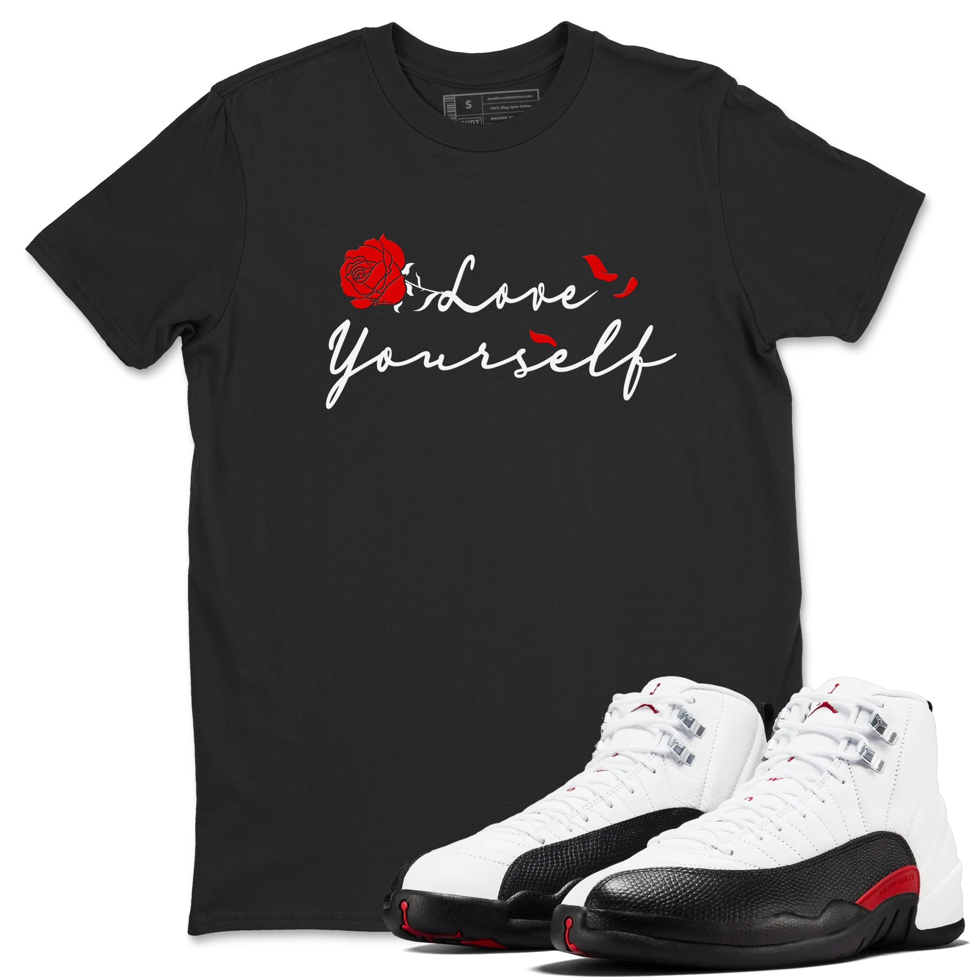 AJ12 Taxi Flip shirts to match jordans Love Yourself sneaker match tees Air Jordan 12 Taxi Flip Drip Gear Zone streetwear brand Black 1 unisex cotton tee
