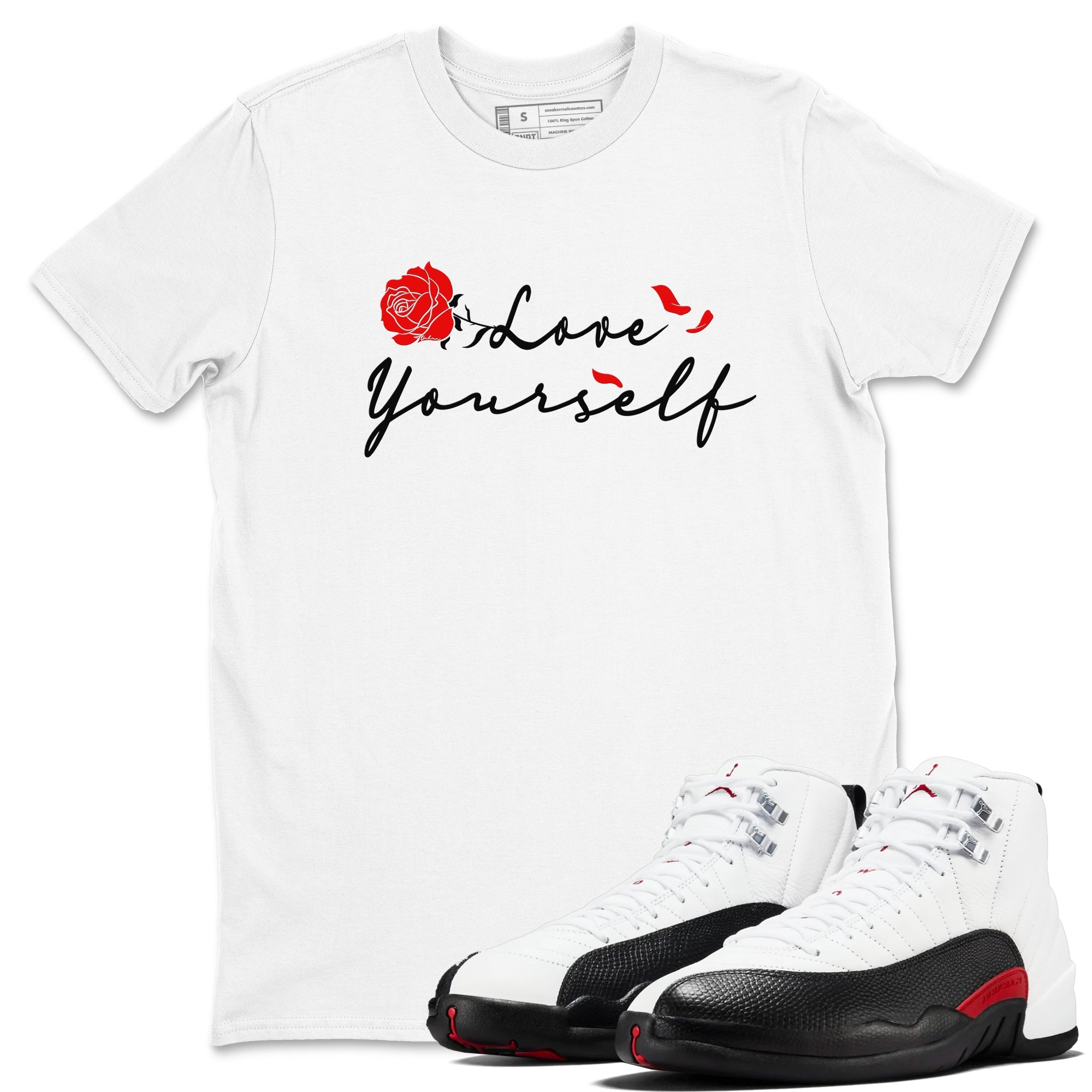 AJ12 Taxi Flip shirts to match jordans Love Yourself sneaker match tees Air Jordan 12 Taxi Flip Drip Gear Zone streetwear brand White 1 unisex cotton tee