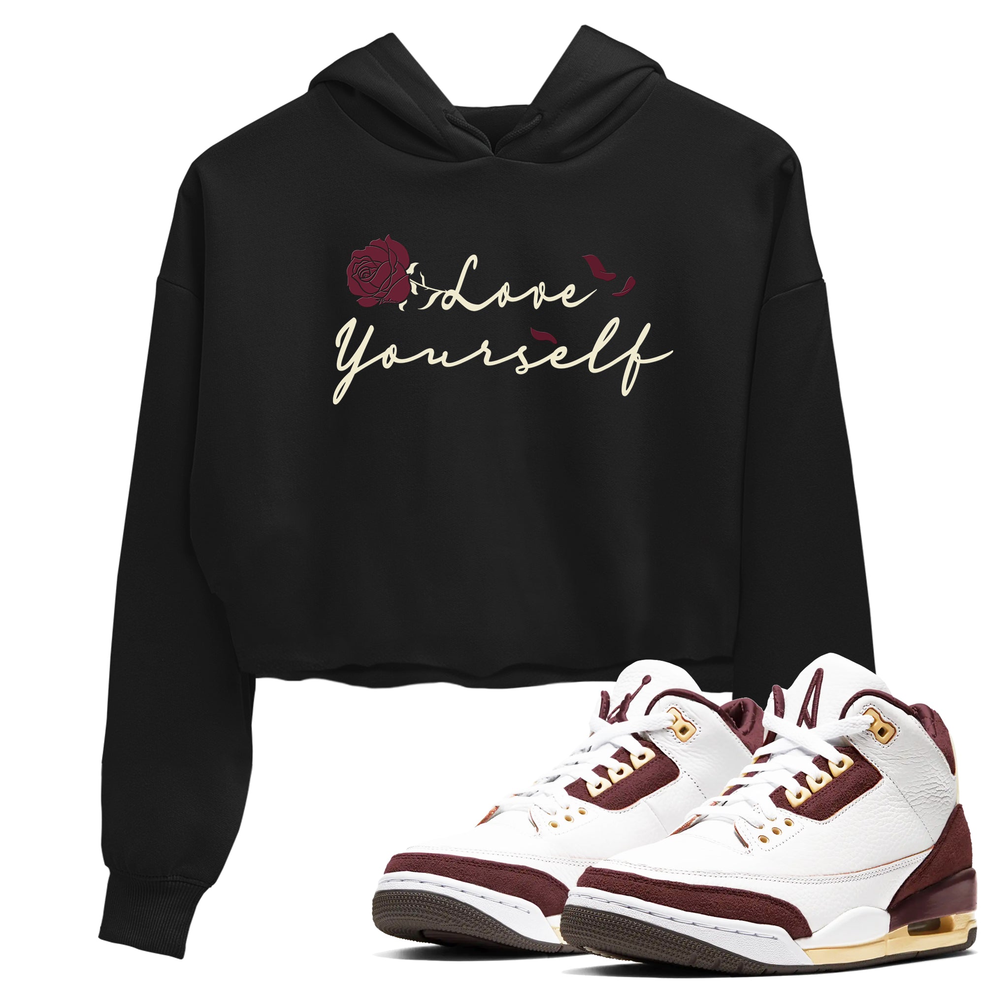 3s A Ma Maniere x Burgundy Crush shirts to match jordans Love Yourself sneaker match tees Air Jordan 3 A Ma Maniere x Burgundy Crush Drip Gear Zone streetwear brand Black 1 crop tee