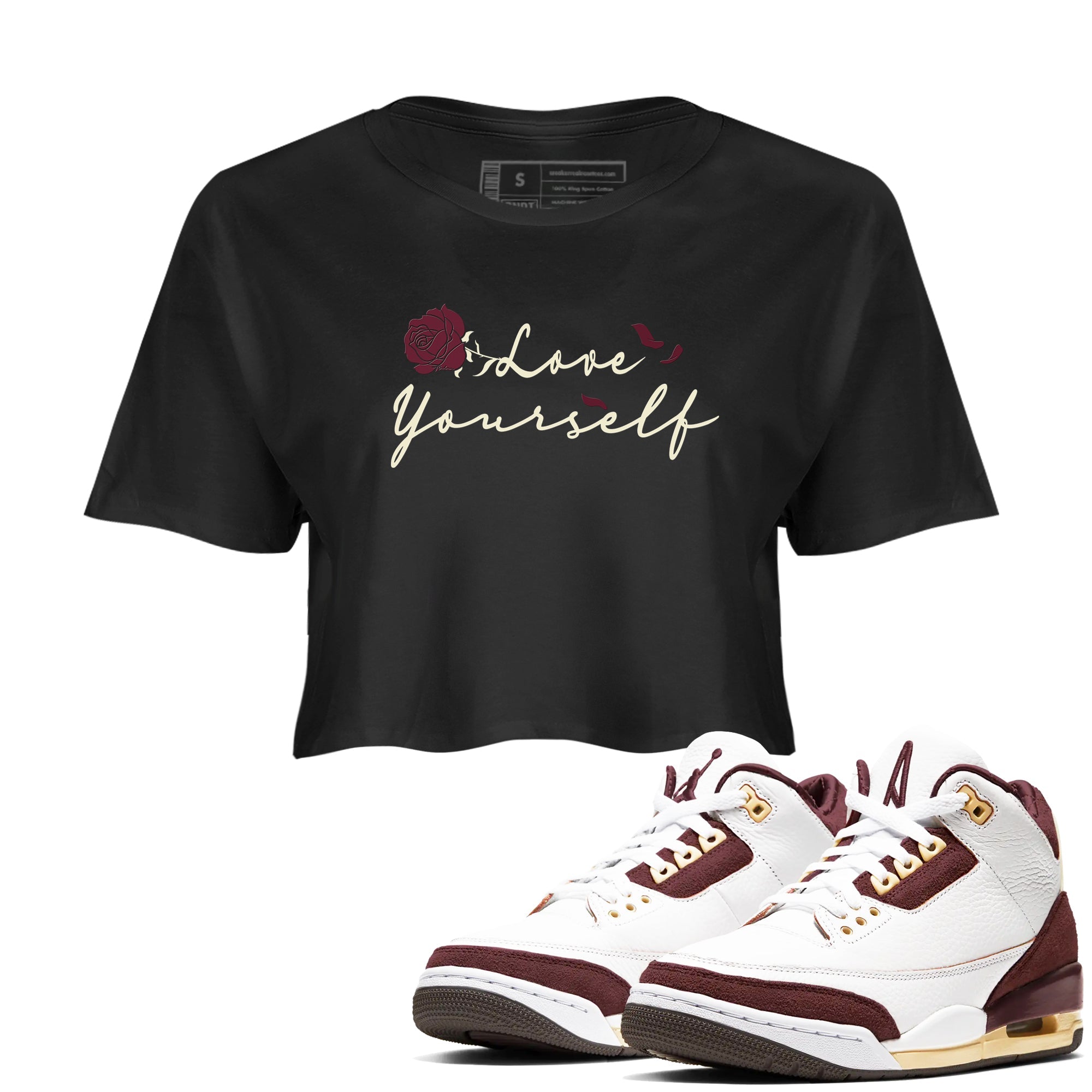 3s A Ma Maniere x Burgundy Crush shirts to match jordans Love Yourself sneaker match tees Air Jordan 3 A Ma Maniere x Burgundy Crush Drip Gear Zone streetwear brand Black 1 crop tee