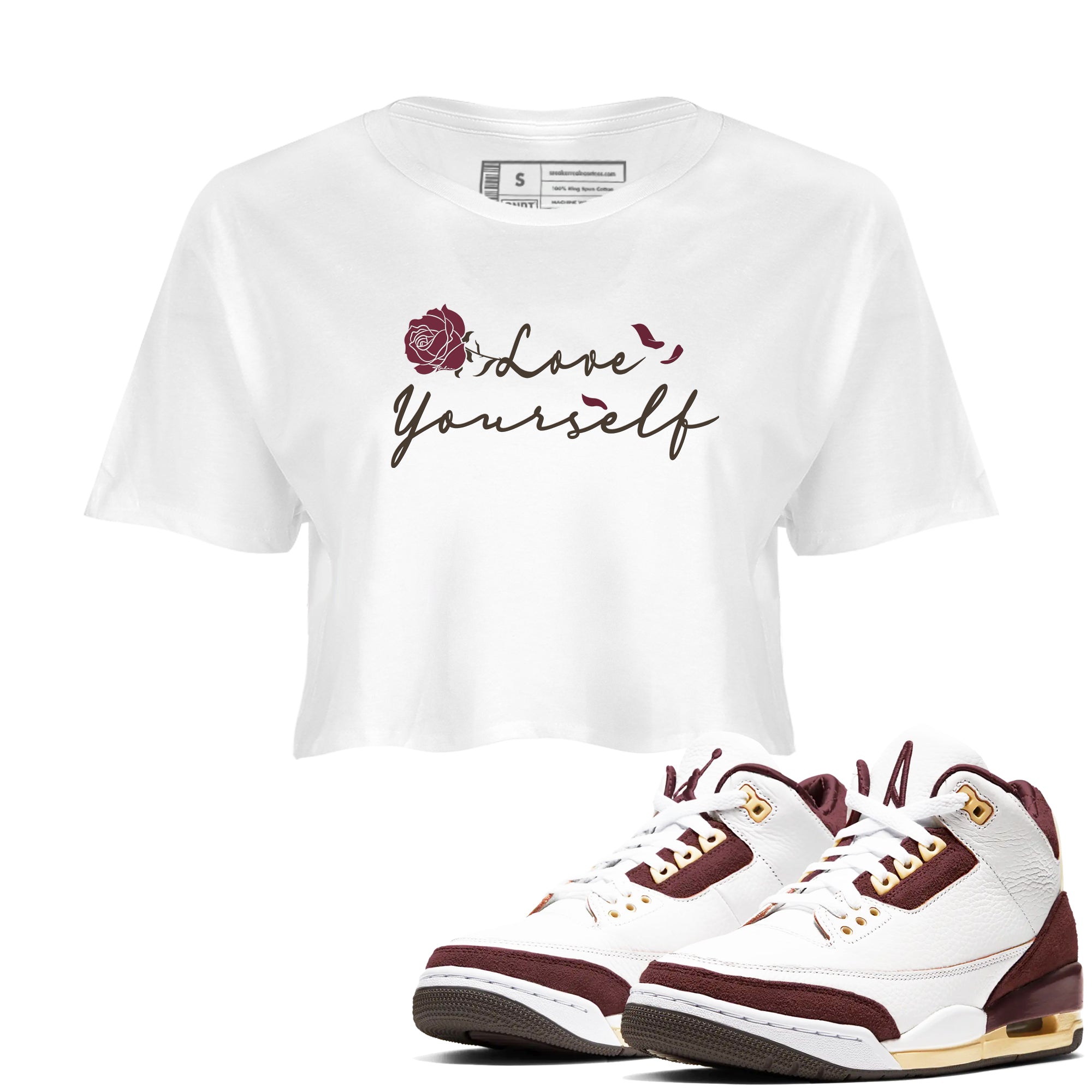 3s A Ma Maniere x Burgundy Crush shirts to match jordans Love Yourself sneaker match tees Air Jordan 3 A Ma Maniere x Burgundy Crush Drip Gear Zone streetwear brand White 1 crop tee