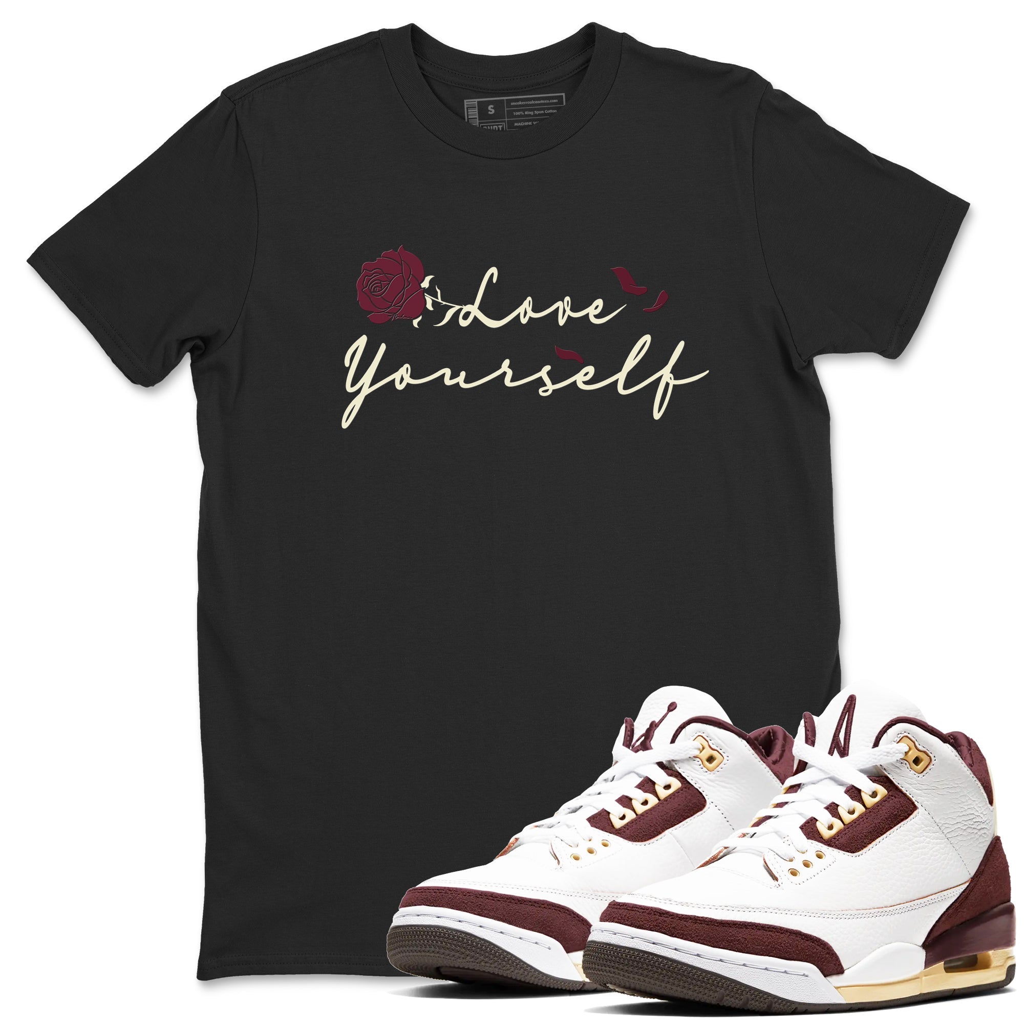 3s A Ma Maniere x Burgundy Crush shirts to match jordans Love Yourself sneaker match tees Air Jordan 3 A Ma Maniere x Burgundy Crush Drip Gear Zone streetwear brand Black 1 unisex cotton tee