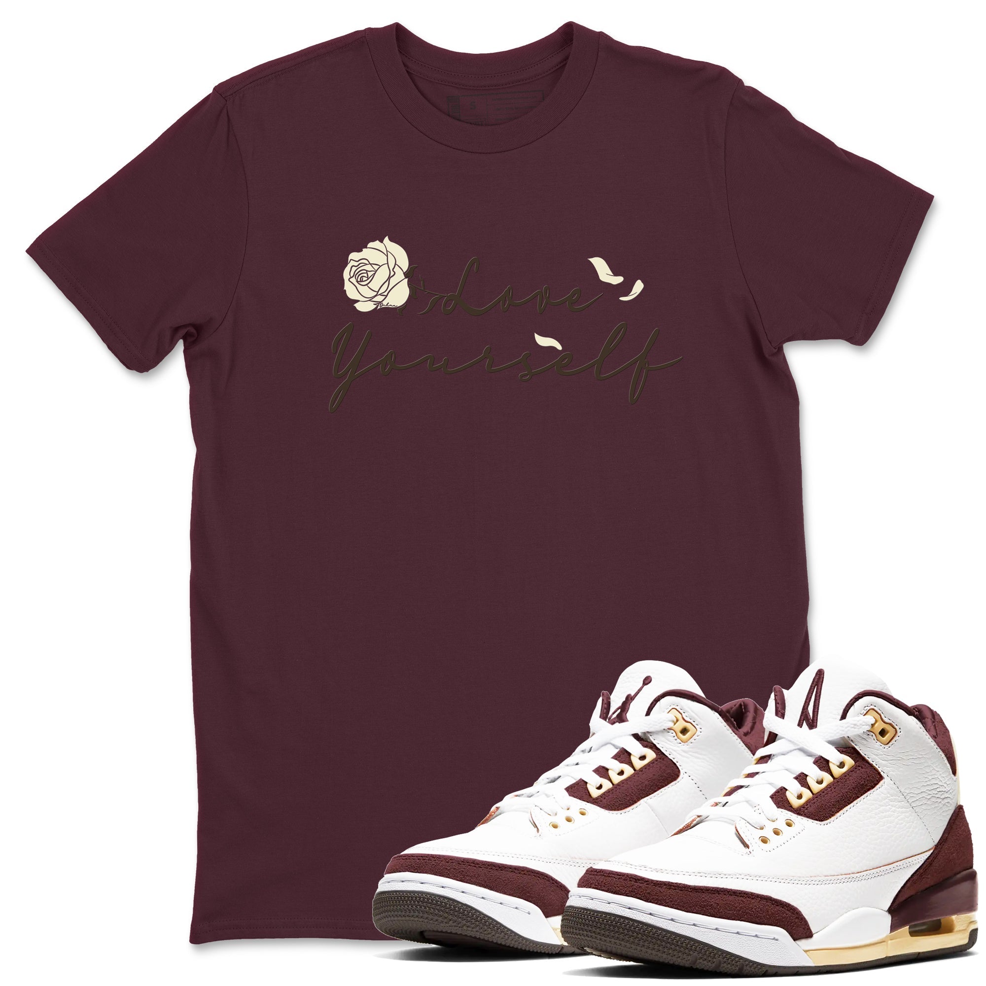 3s A Ma Maniere x Burgundy Crush shirts to match jordans Love Yourself sneaker match tees Air Jordan 3 A Ma Maniere x Burgundy Crush Drip Gear Zone streetwear brand Maroon 1 unisex cotton tee