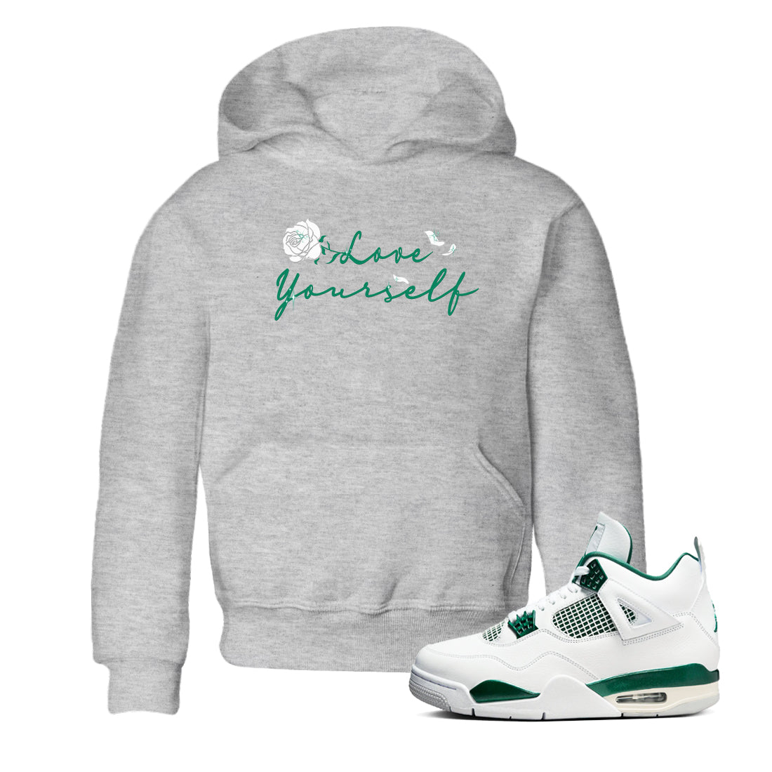 4s Oxidized Green shirts to match jordans Love Yourself sneaker match tees Air Jordan 4 Oxidized Green Drip Gear Zone streetwear brand Baby and Youth Heather Grey 1 cotton tee
