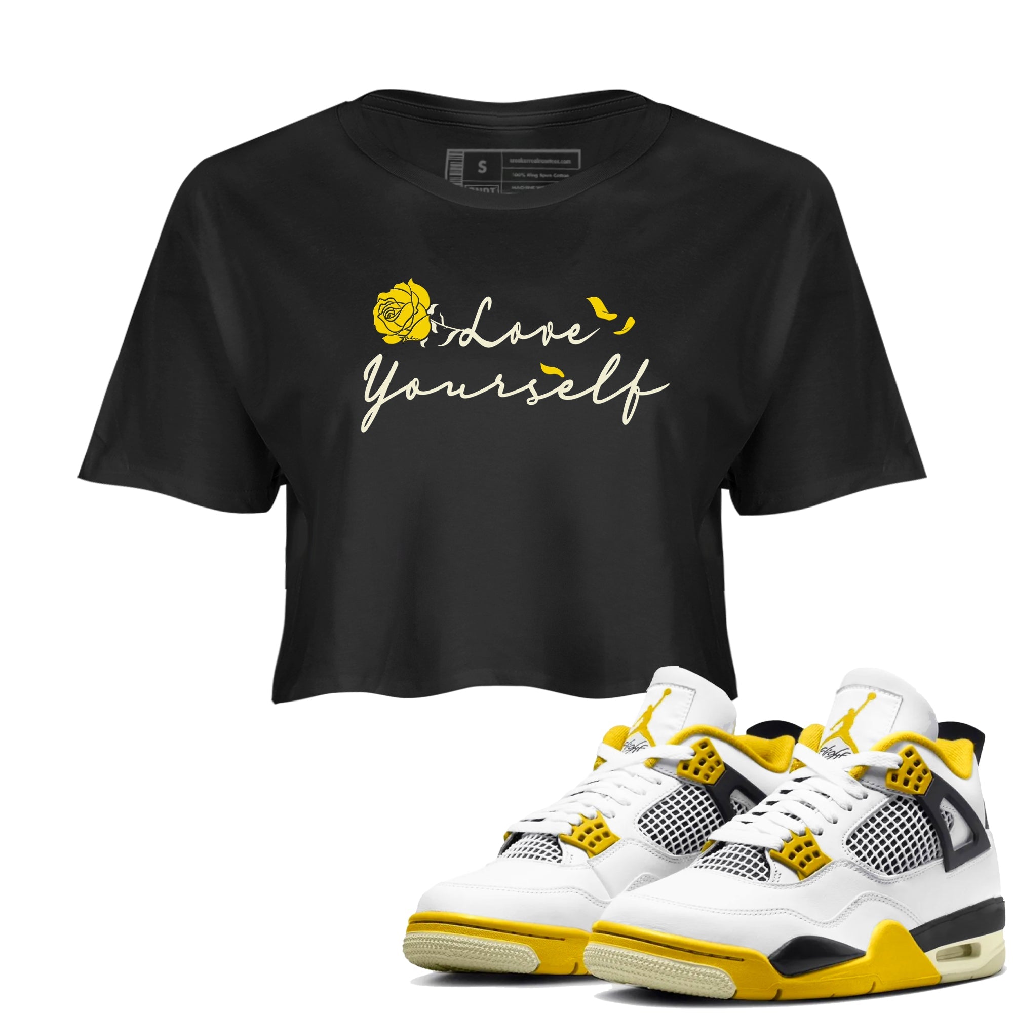 4s Vivid Sulfur shirt to match jordans Love Yourself sneaker tees Air Jordan 4 Vivid Sulfur Drip Gear Zone Black 1 crop length shirt