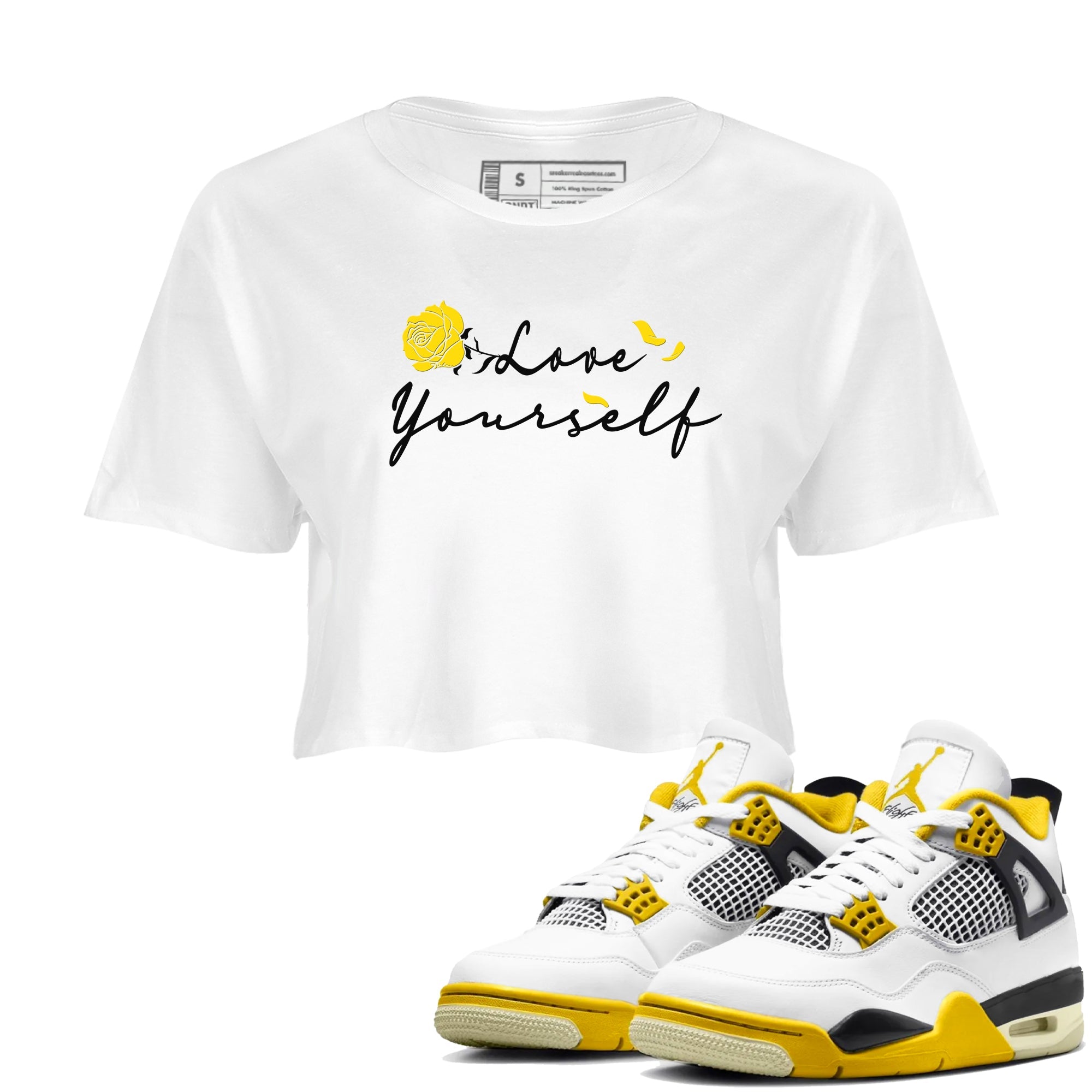 4s Vivid Sulfur shirt to match jordans Love Yourself sneaker tees Air Jordan 4 Vivid Sulfur Drip Gear Zone White 1 crop length shirt
