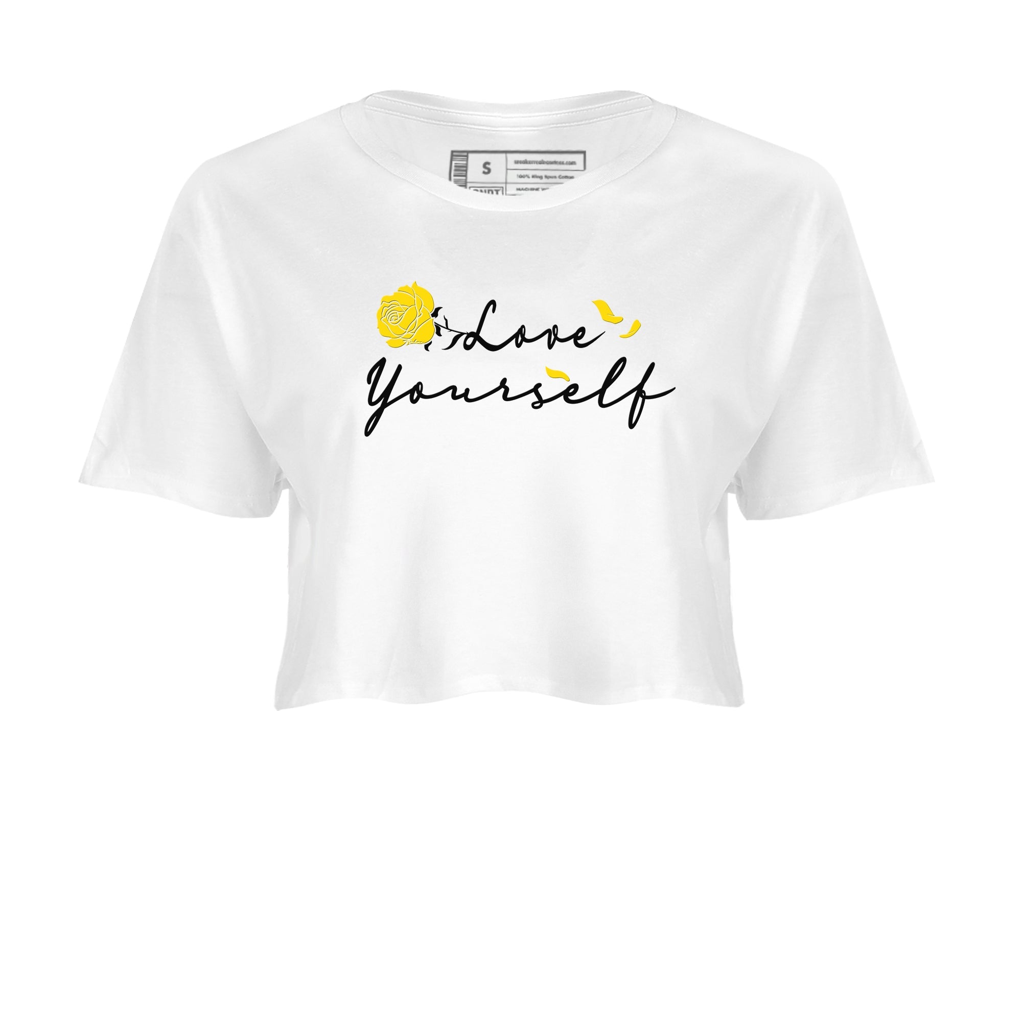 4s Vivid Sulfur shirt to match jordans Love Yourself sneaker tees Air Jordan 4 Vivid Sulfur Drip Gear Zone White 2 crop length shirt