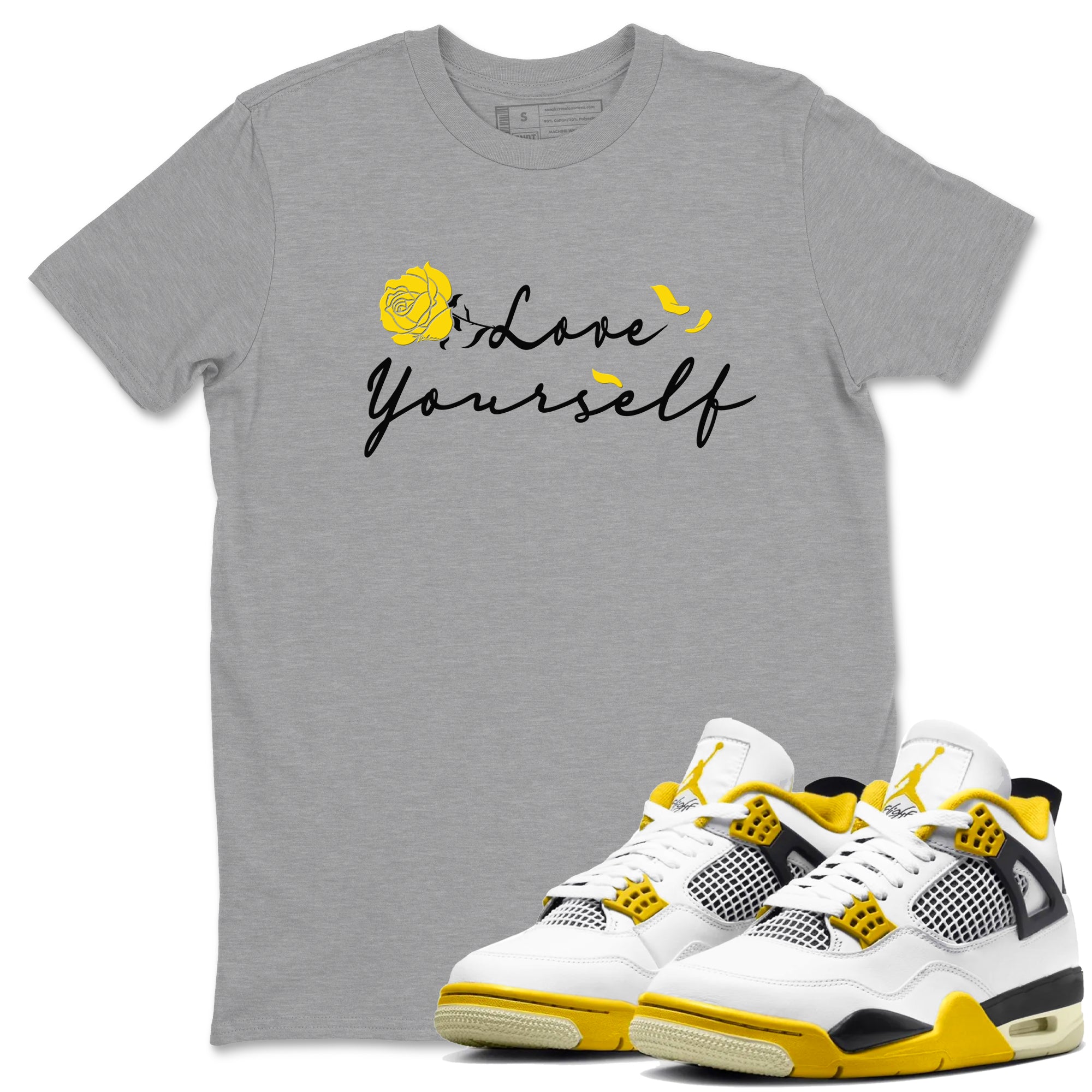 4s Vivid Sulfur shirt to match jordans Love Yourself sneaker tees Air Jordan 4 Vivid Sulfur Drip Gear Zone unisex cotton Heather Grey 1 crew neck shirt