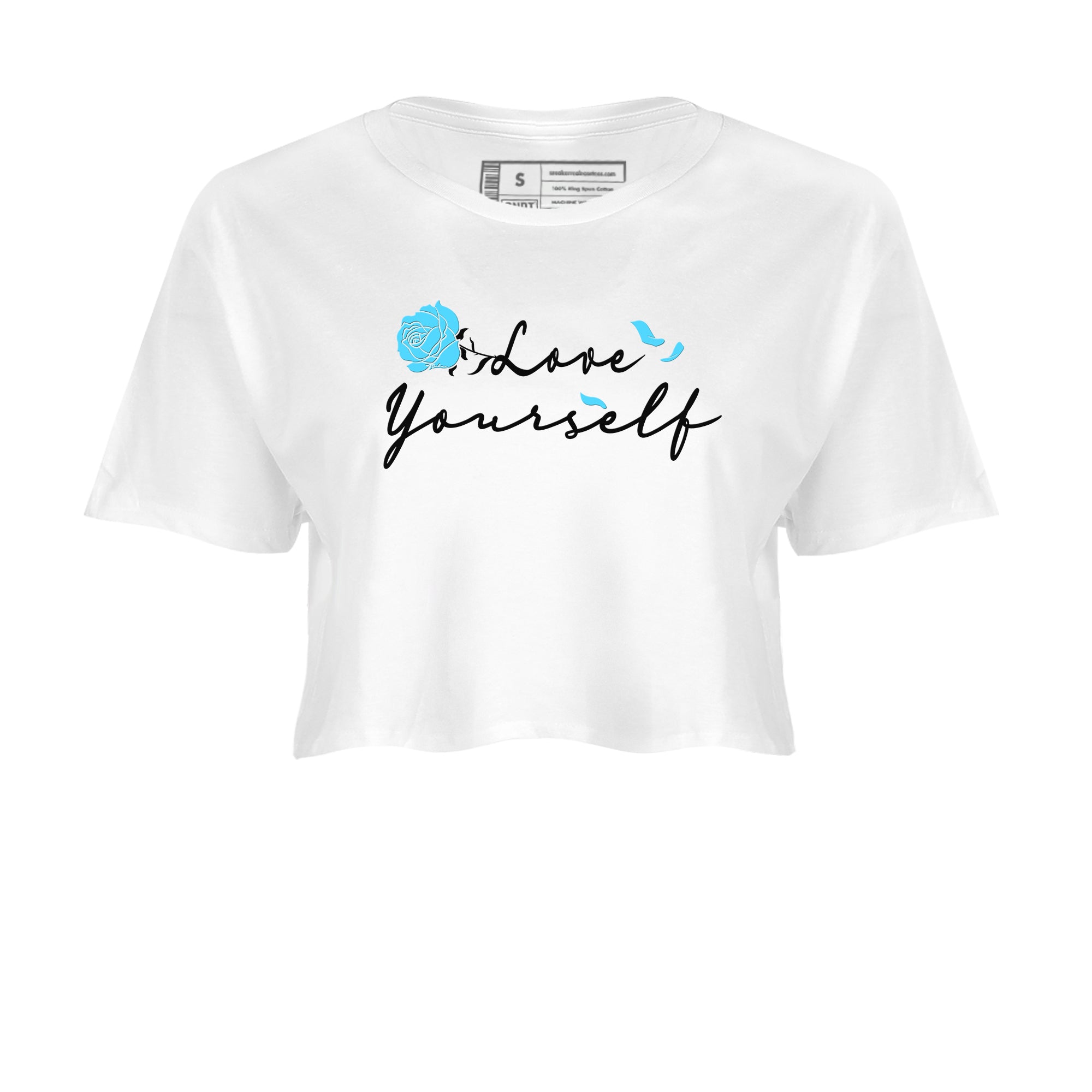 AJ9 Powder Blue shirt to match jordans Love Yourself sneaker tees Air Jordan 9 Powder Blue Drip Gear Zone White 2 crop length shirt