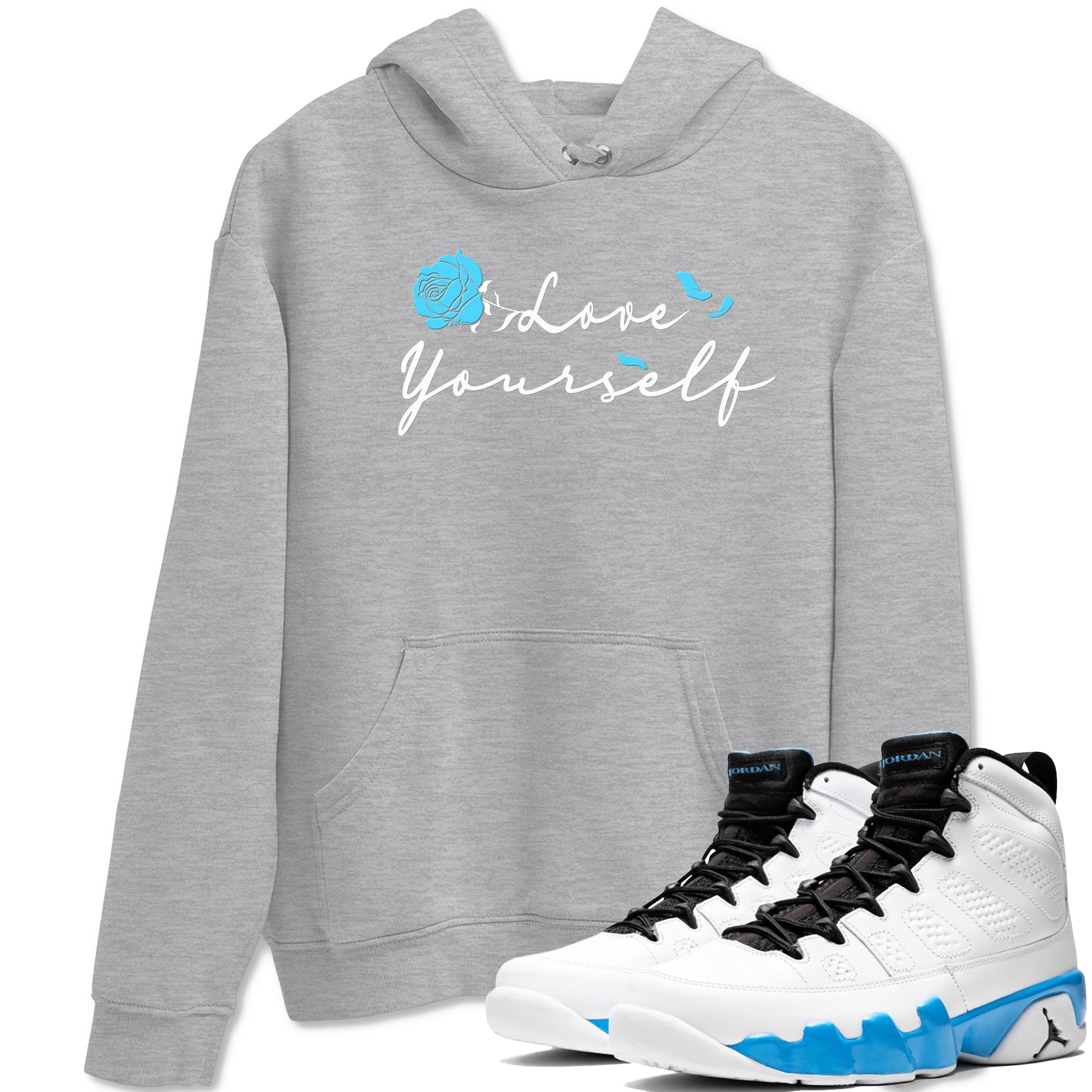 AJ9 Powder Blue shirt to match jordans Love Yourself sneaker tees Air Jordan 9 Powder Blue Drip Gear Zone unisex cotton Heather Grey 1 crew neck shirt