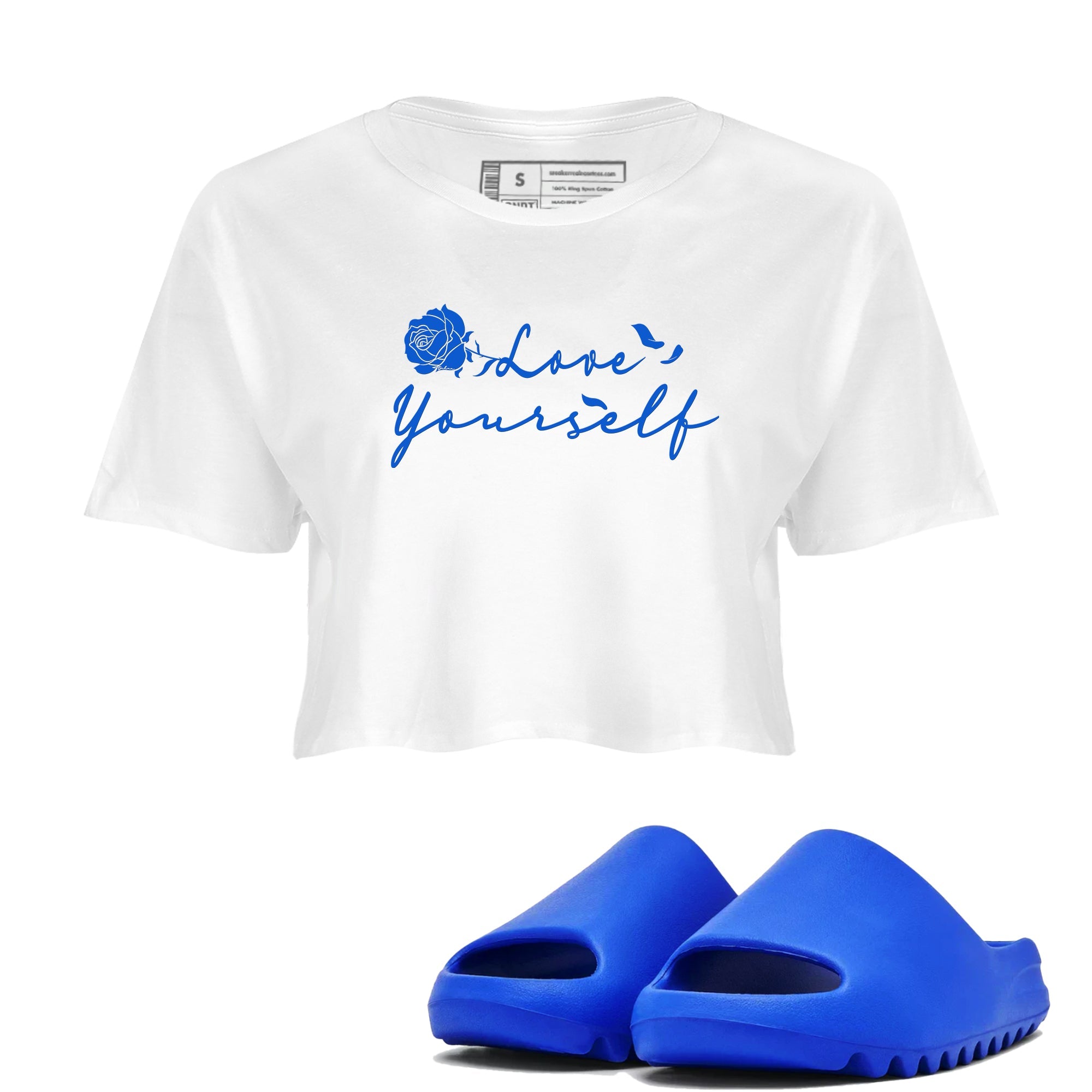 Yeezy Slide Azure shirts to match jordans Love Yourself sneaker match tees Yeezy Slide Azure Drip Gear Zone streetwear brand White 1 crop tee