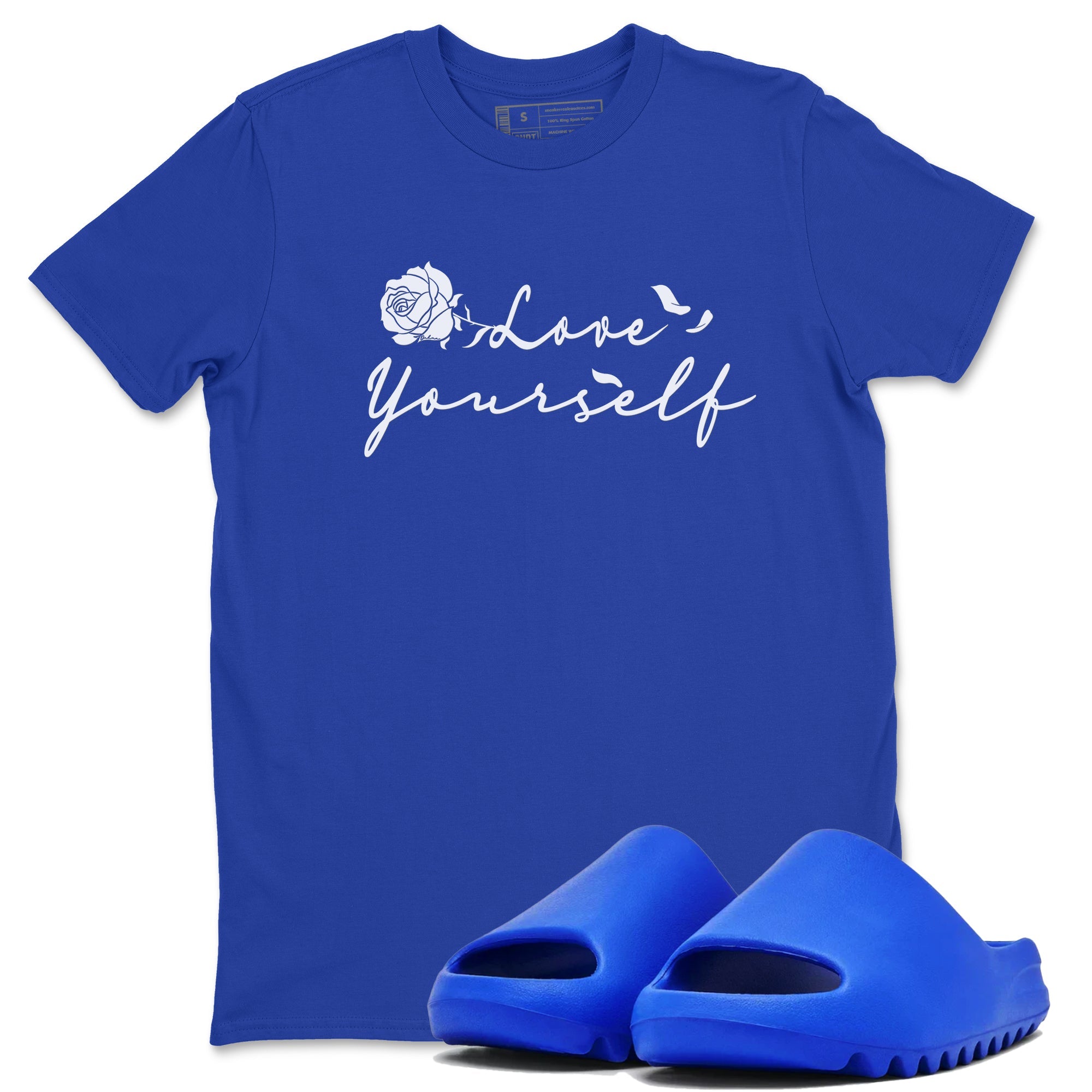 Yeezy Slide Azure shirts to match jordans Love Yourself sneaker match tees Yeezy Slide Azure Drip Gear Zone streetwear brand Royal Blue 1 unisex cotton tee