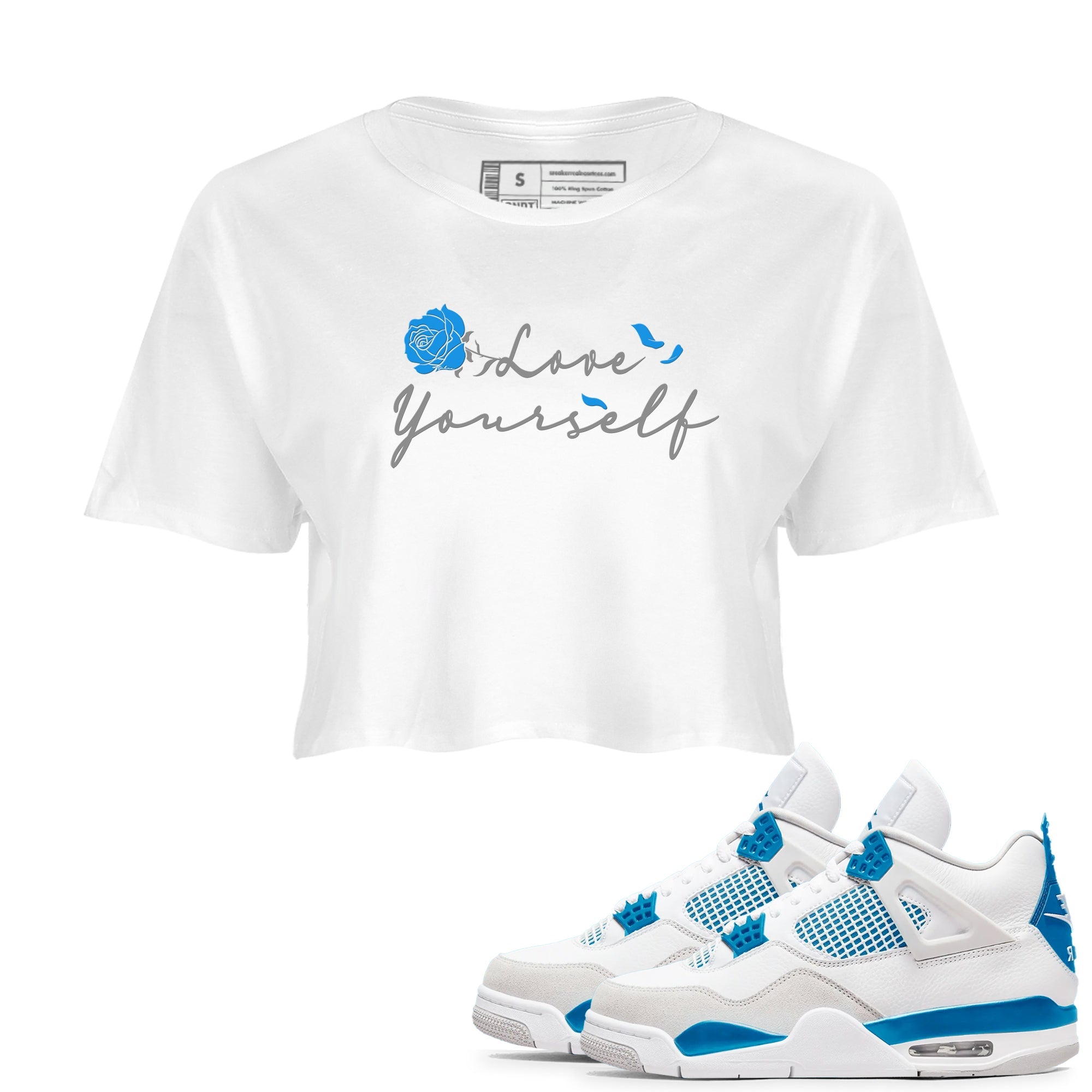 AJ 4 Military Blue shirt to match jordans Lover Yourself sneaker tees Air Jordan 4 Military Blue Drip Gear Zone White 1 crop length shirt