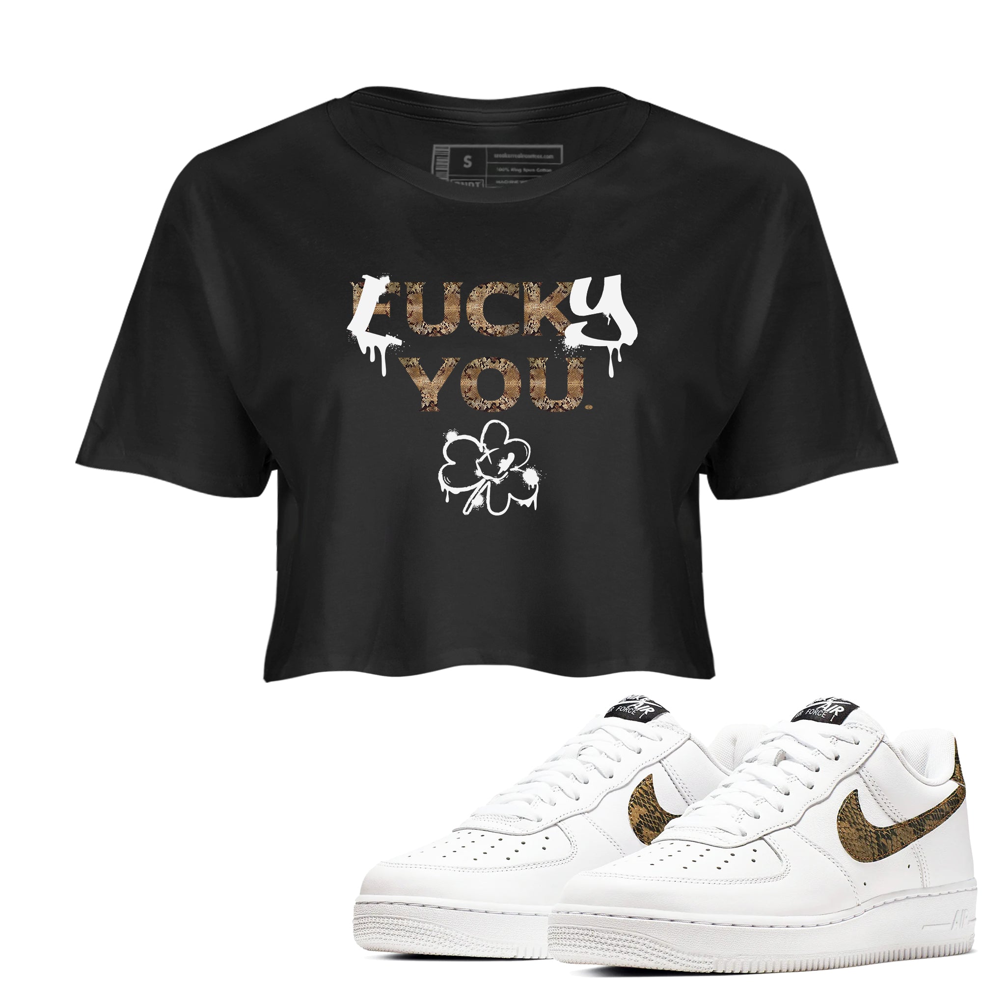 AF1 Ivory Snake shirt to match jordans Lucky You sneaker tees Air Force1 Ivory Snake Drip Gear Zone Black 1 crop length shirt