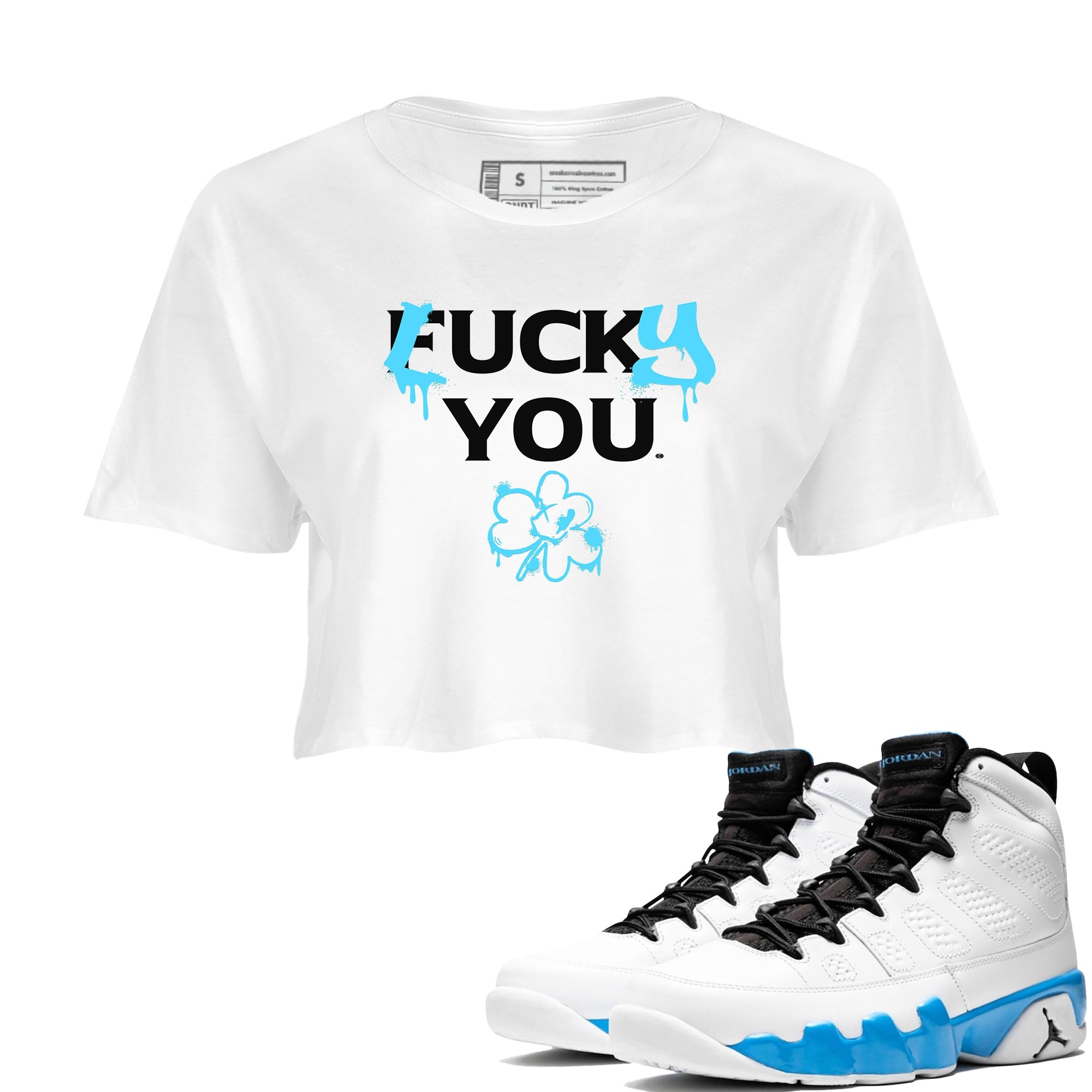 9s Powder Blue shirt to match jordans Lucky You sneaker tees Air Jordan 9 Powder Blue Streetwear Brand Drip Gear Zone White 1 crop length shirt