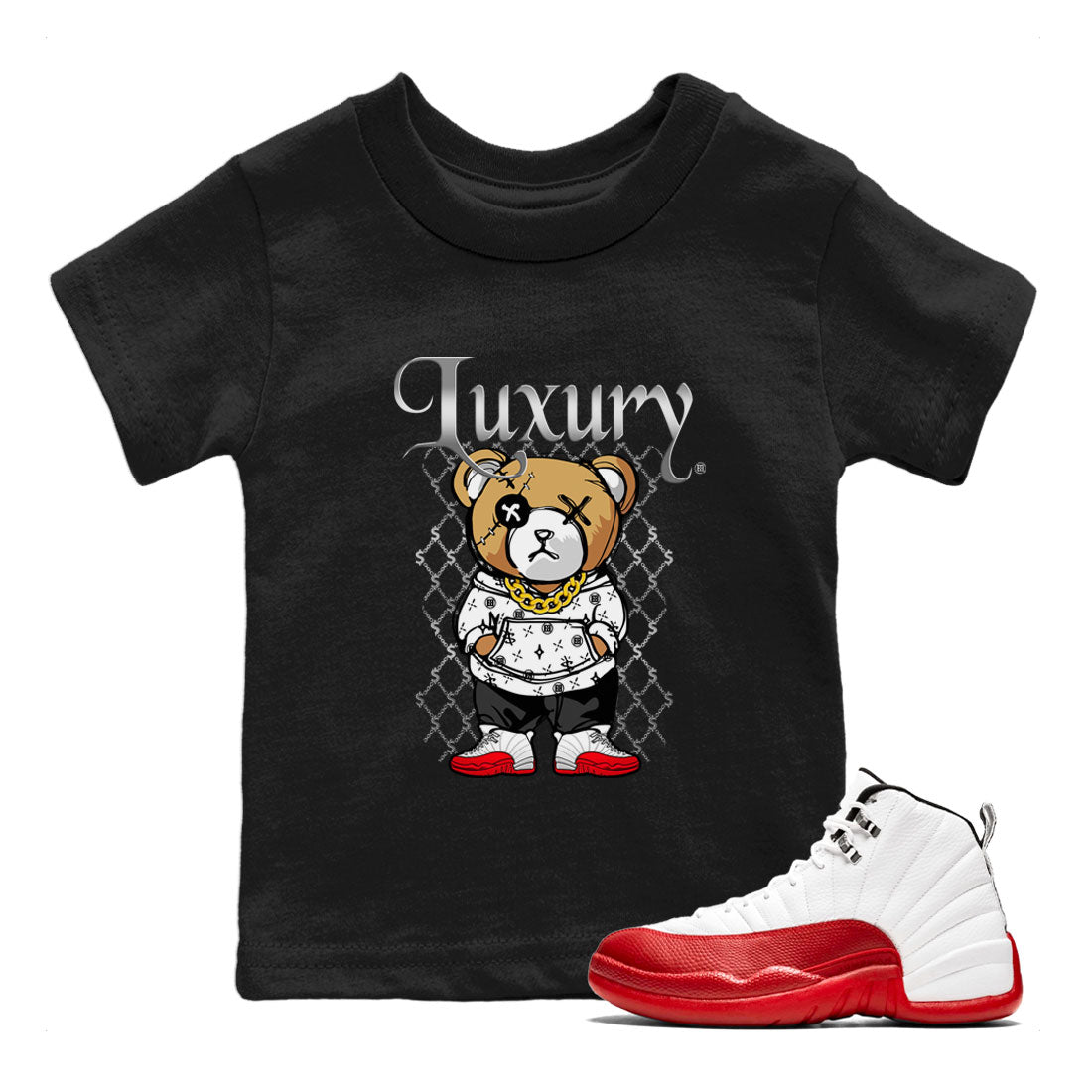 Jordan 12 Cherry shirt to match jordans Luxury Bear sneaker release tees Air Jordan 12 Cherry Drip Gear Zone Baby Toddler Black 1 T-Shirt