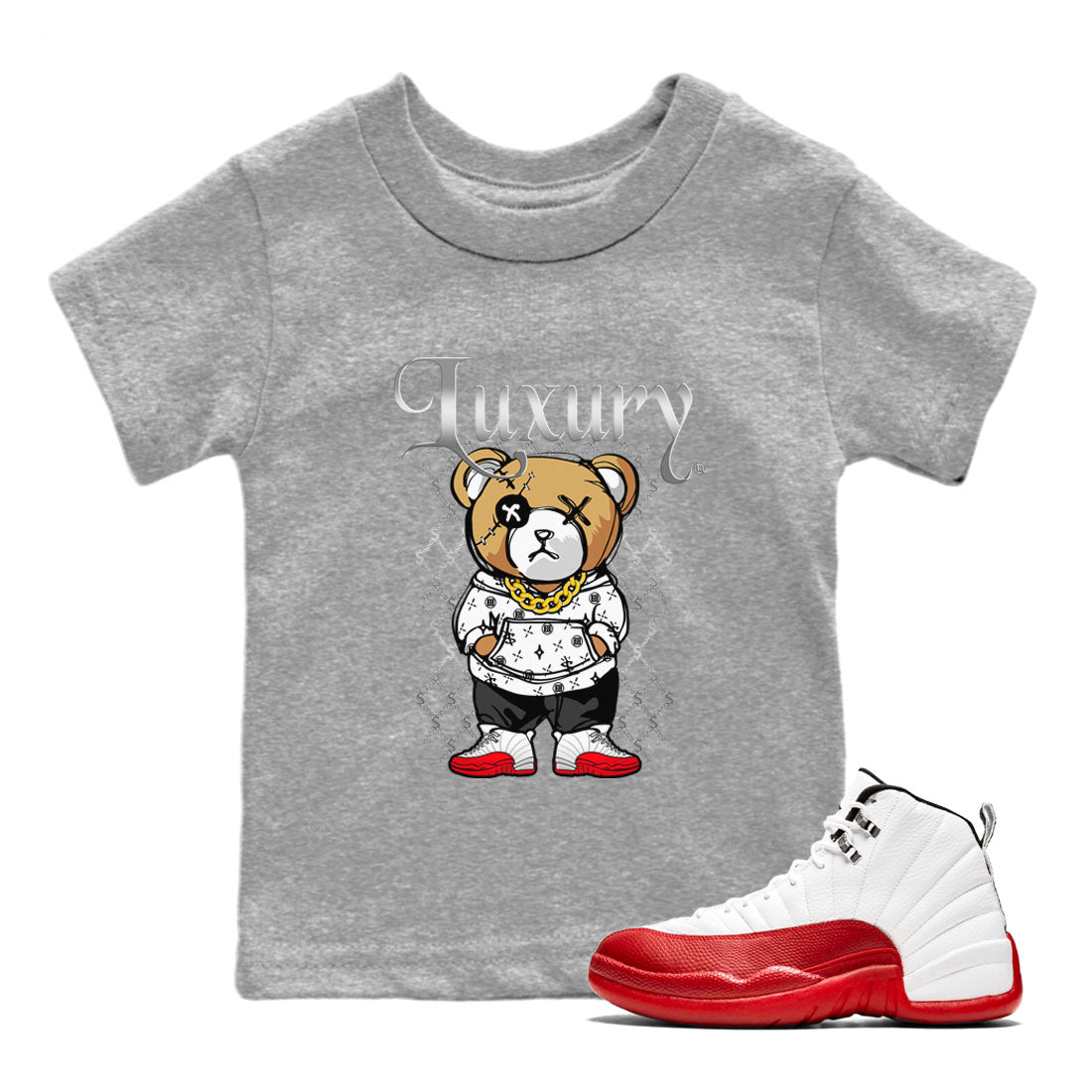 Jordan 12 Cherry shirt to match jordans Luxury Bear sneaker release tees Air Jordan 12 Cherry Drip Gear Zone Baby Toddler Heather Grey 1 T-Shirt