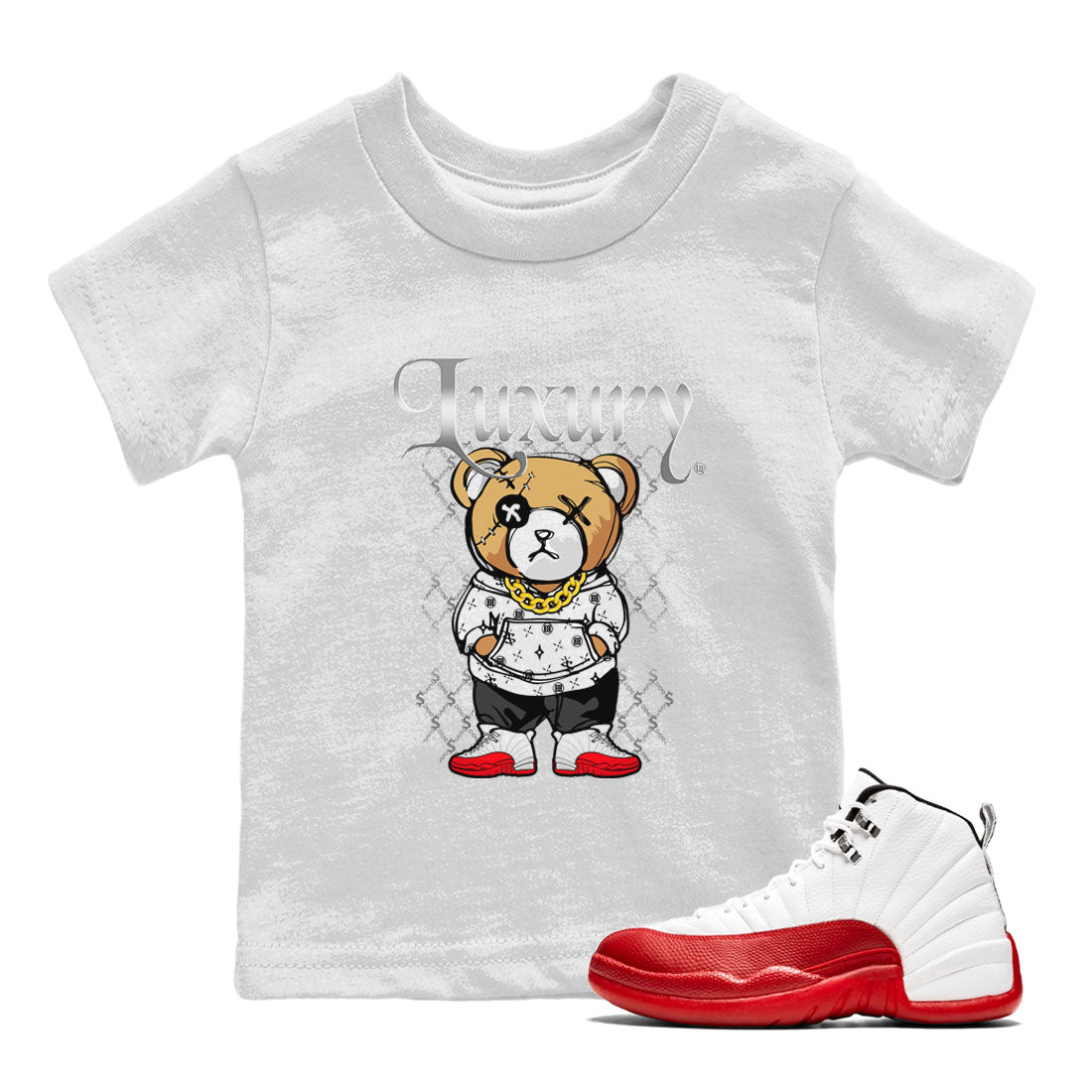 Jordan 12 Cherry shirt to match jordans Luxury Bear sneaker release tees Air Jordan 12 Cherry Drip Gear Zone Baby Toddler White 1 T-Shirt