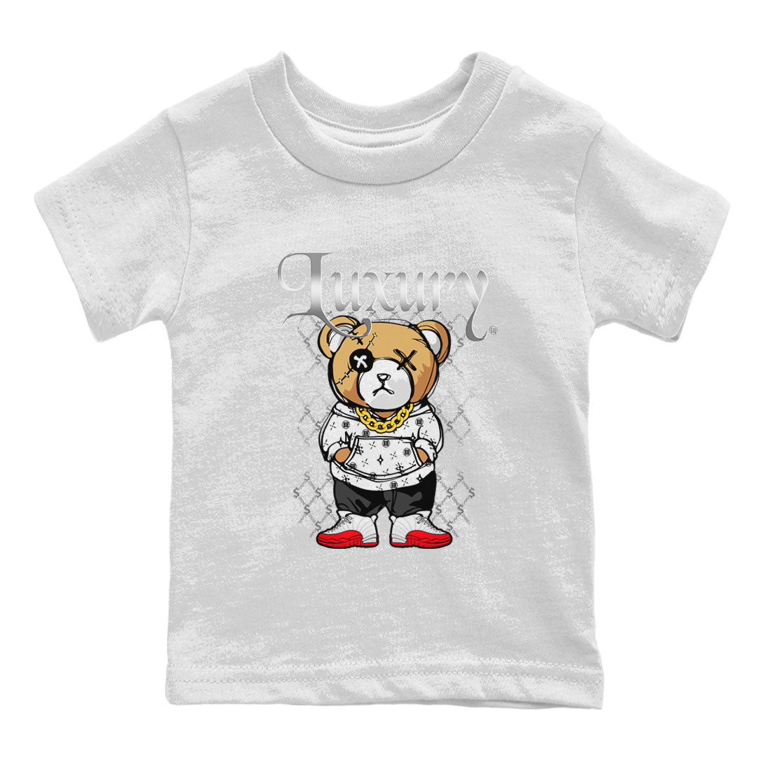 Jordan 12 Cherry shirt to match jordans Luxury Bear sneaker release tees Air Jordan 12 Cherry Drip Gear Zone Baby Toddler White 2 T-Shirt