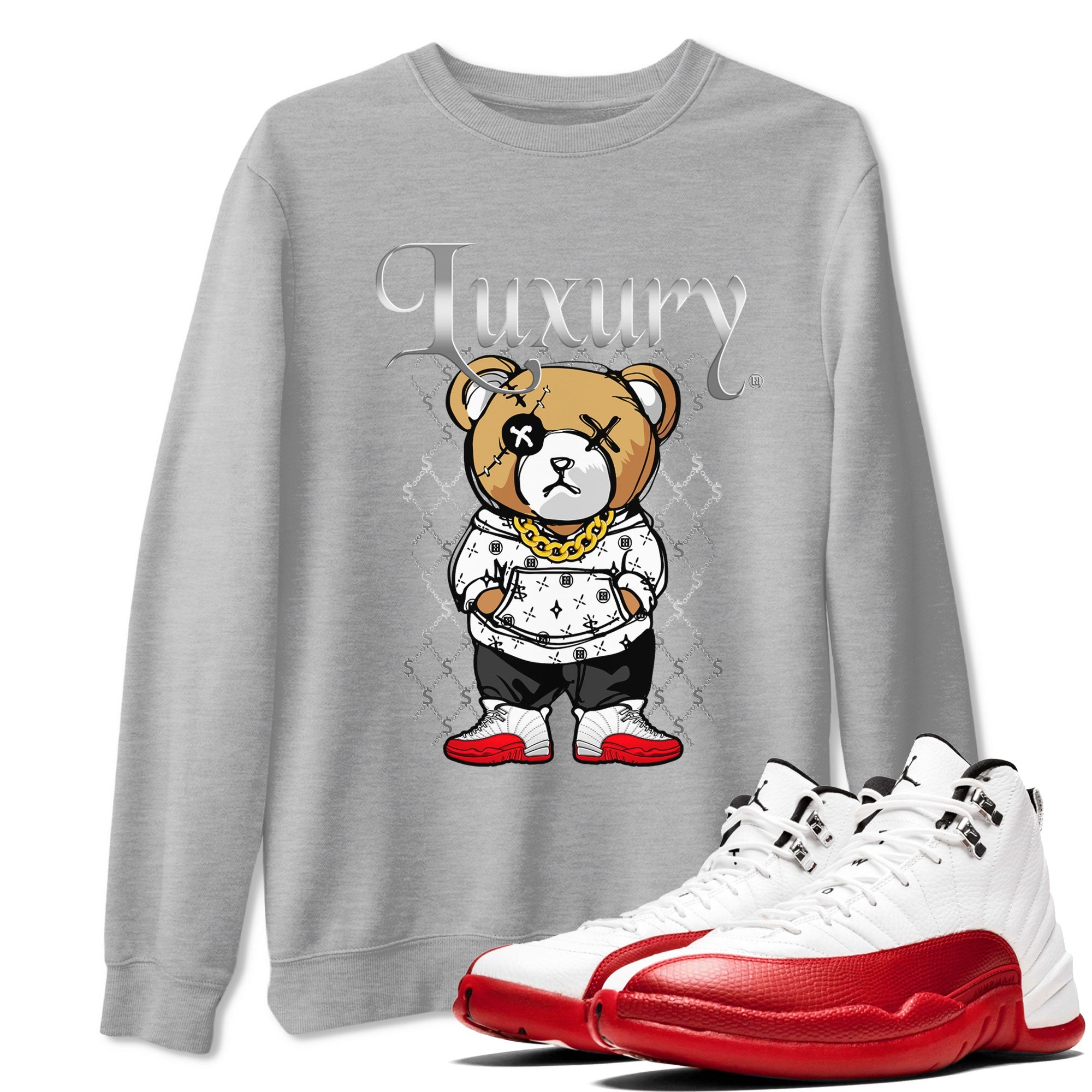 Jordan 12 Cherry shirt to match jordans Luxury Bear sneaker release tees Air Jordan 12 Cherry Drip Gear Zone Unisex Streetwear Clothing Heather Grey 1 T-Shirt