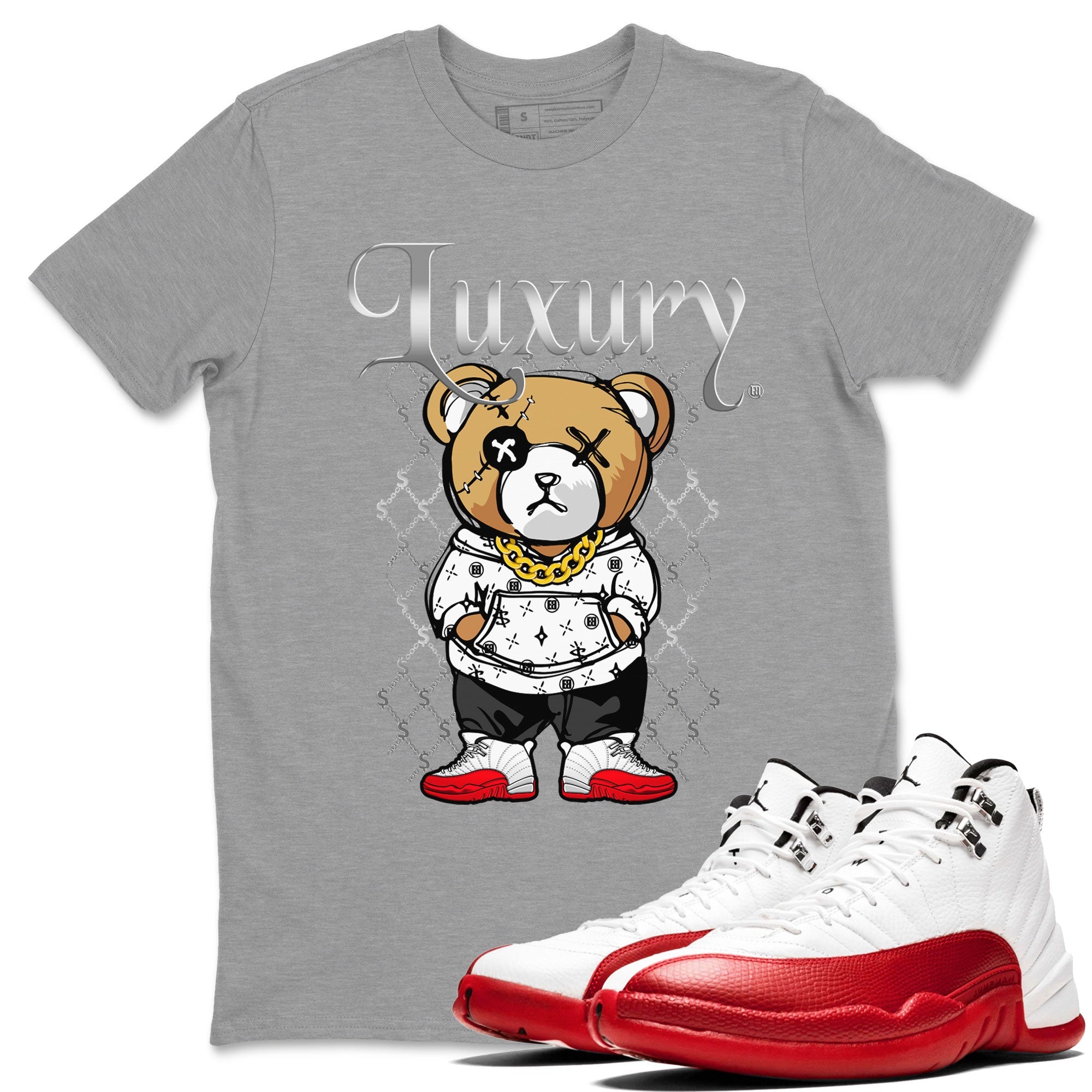 Jordan 12 Cherry shirt to match jordans Luxury Bear sneaker release tees Air Jordan 12 Cherry Drip Gear Zone Unisex Streetwear Clothing Heather Grey 1 T-Shirt
