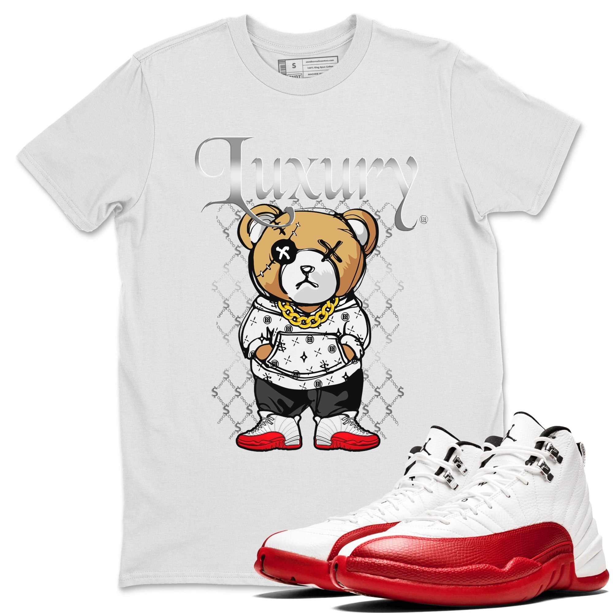 Jordan 12 Cherry shirt to match jordans Luxury Bear sneaker release tees Air Jordan 12 Cherry Drip Gear Zone Unisex Streetwear Clothing White 1 T-Shirt