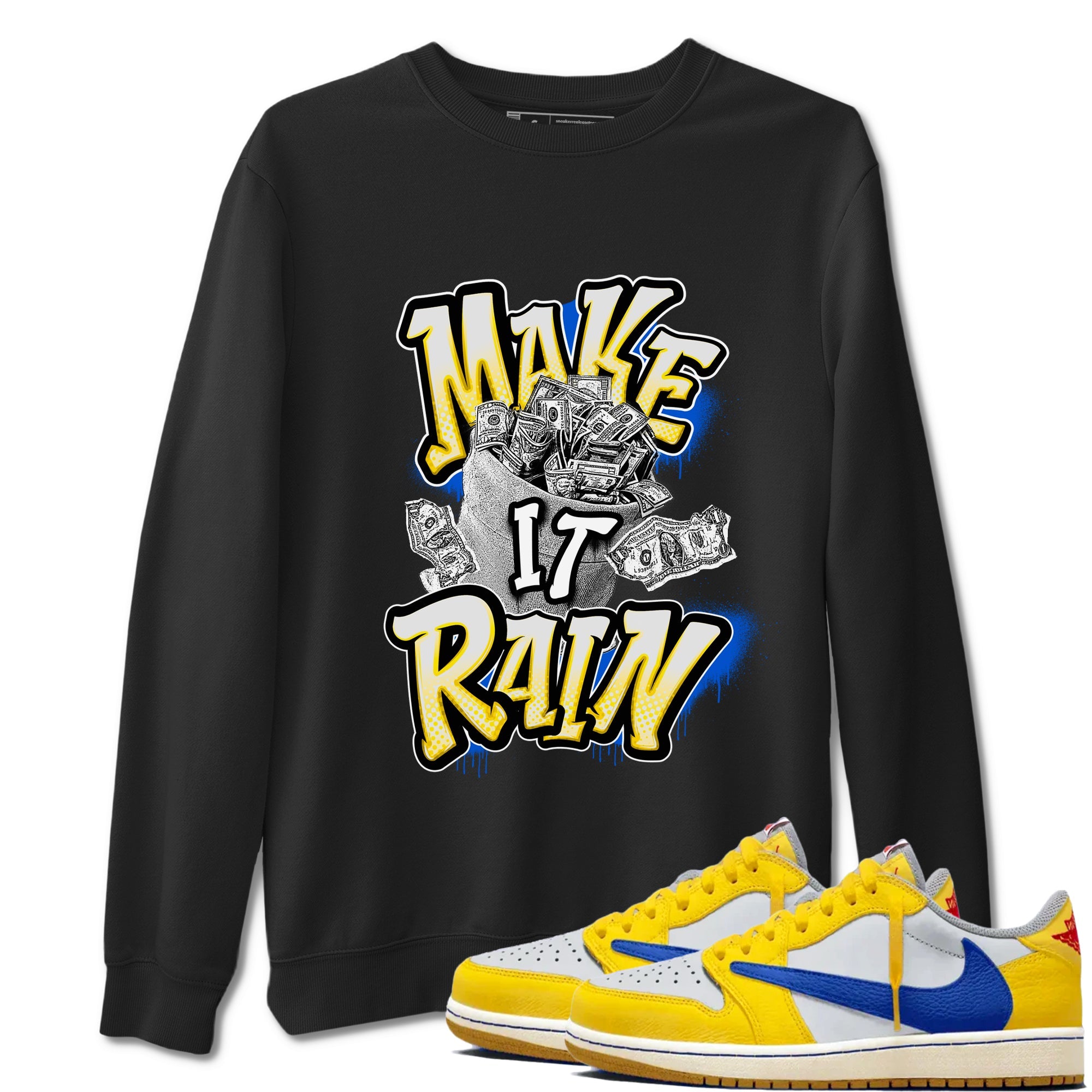 1s Travis Scott Canary shirt to match jordans Make It Rain Money sneaker tees Air Jordan 1 Travis Scott Canary Drip Gear Zone unisex cotton Black 1 crew neck shirt