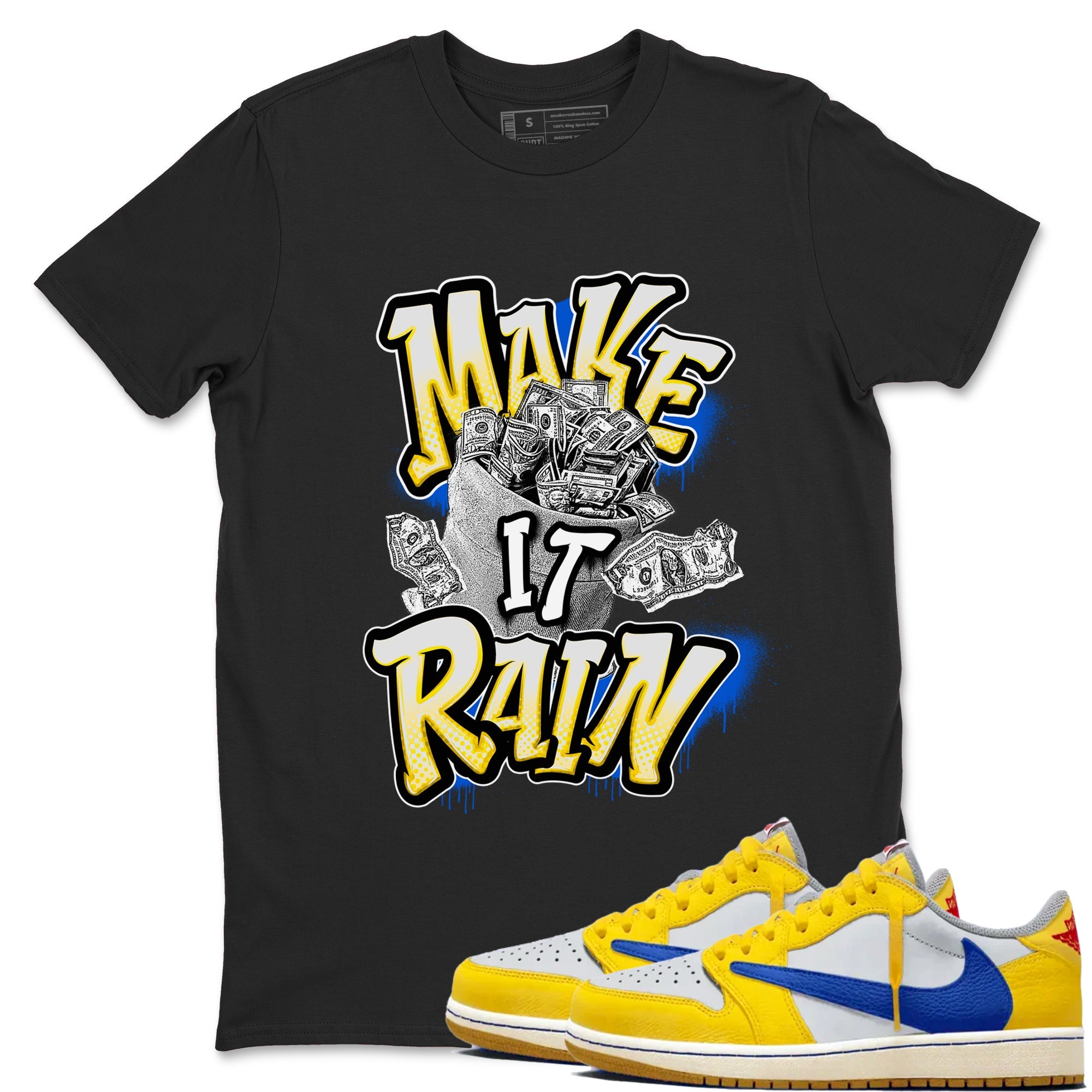 1s Travis Scott Canary shirt to match jordans Make It Rain Money sneaker tees Air Jordan 1 Travis Scott Canary Drip Gear Zone unisex cotton Black 1 crew neck shirt