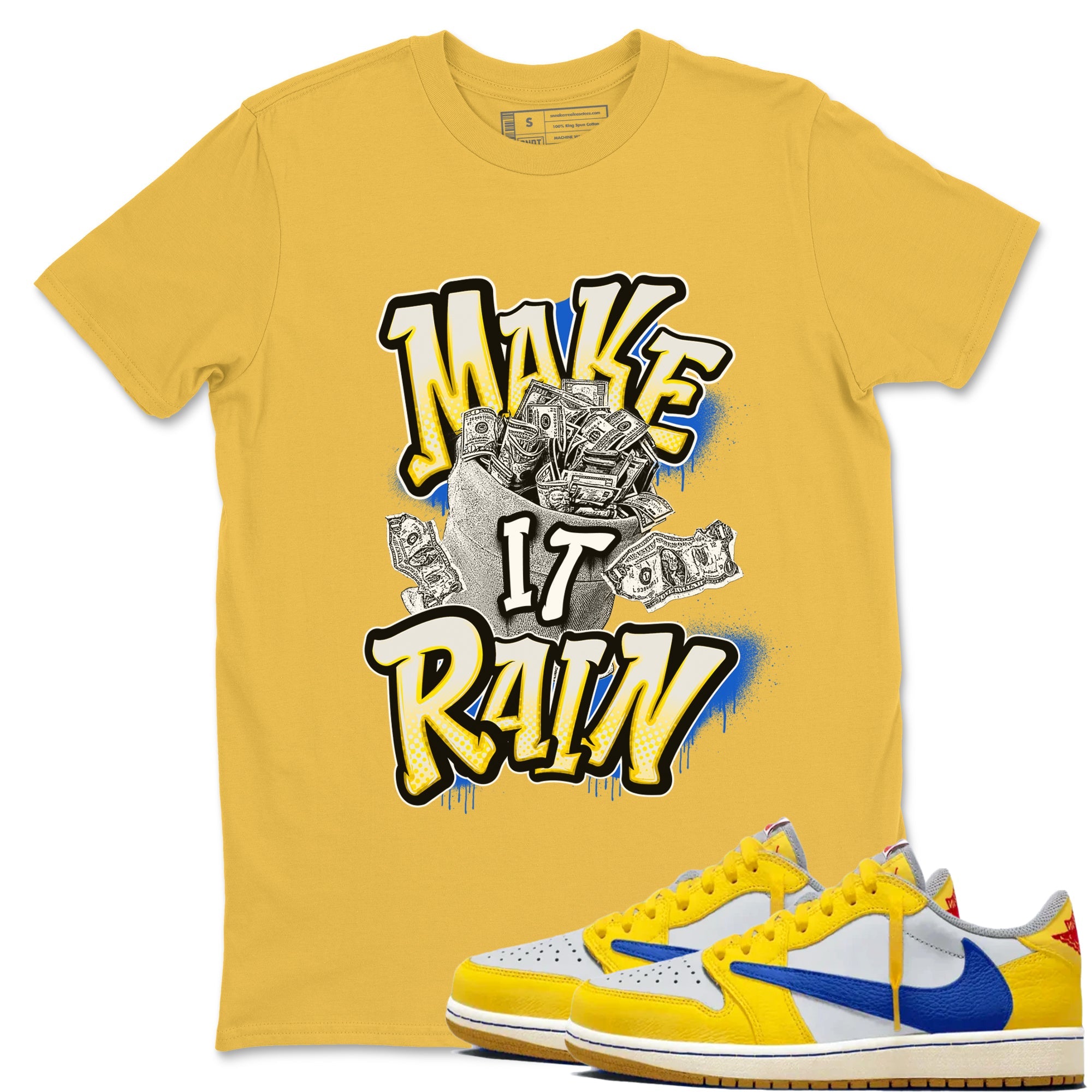 1s Travis Scott Canary shirt to match jordans Make It Rain Money sneaker tees Air Jordan 1 Travis Scott Canary Drip Gear Zone unisex cotton Daisy 1 crew neck shirt