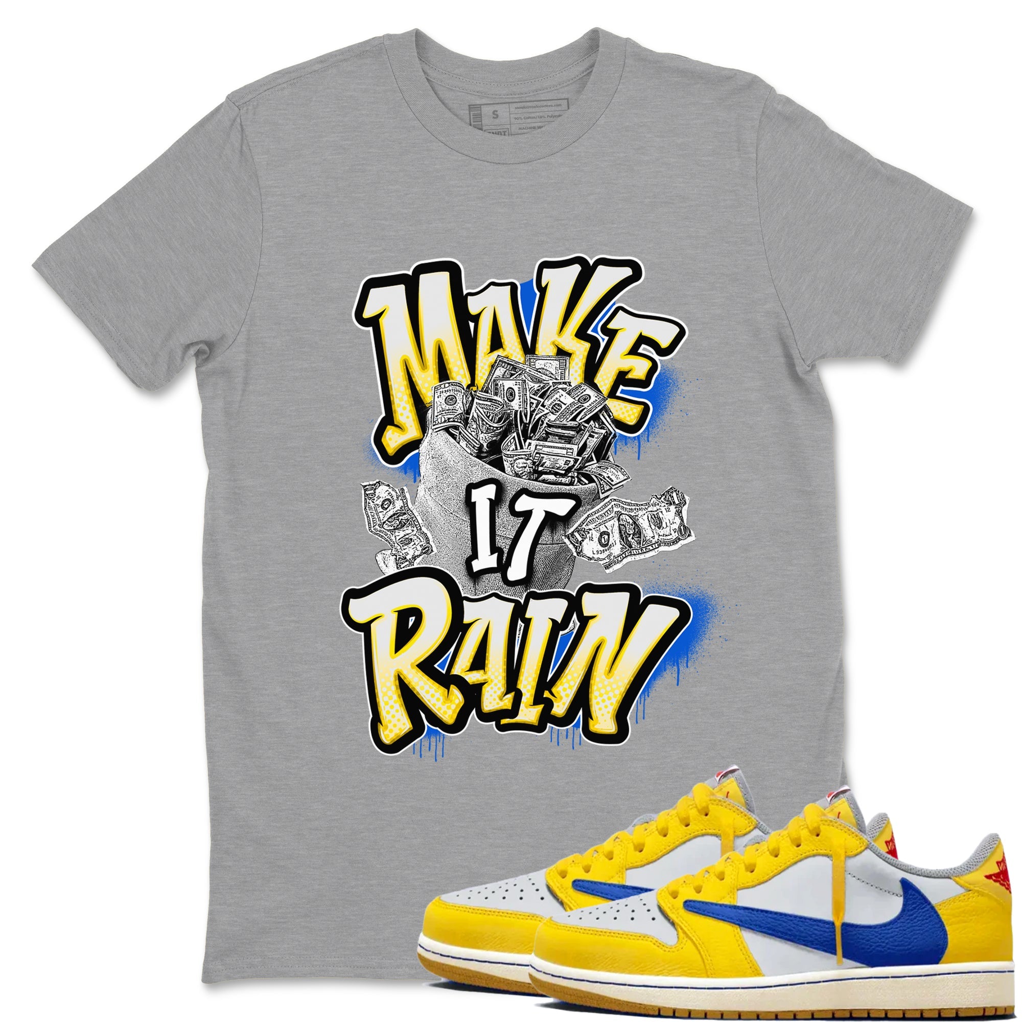 1s Travis Scott Canary shirt to match jordans Make It Rain Money sneaker tees Air Jordan 1 Travis Scott Canary Drip Gear Zone unisex cotton Heather Grey 1 crew neck shirt