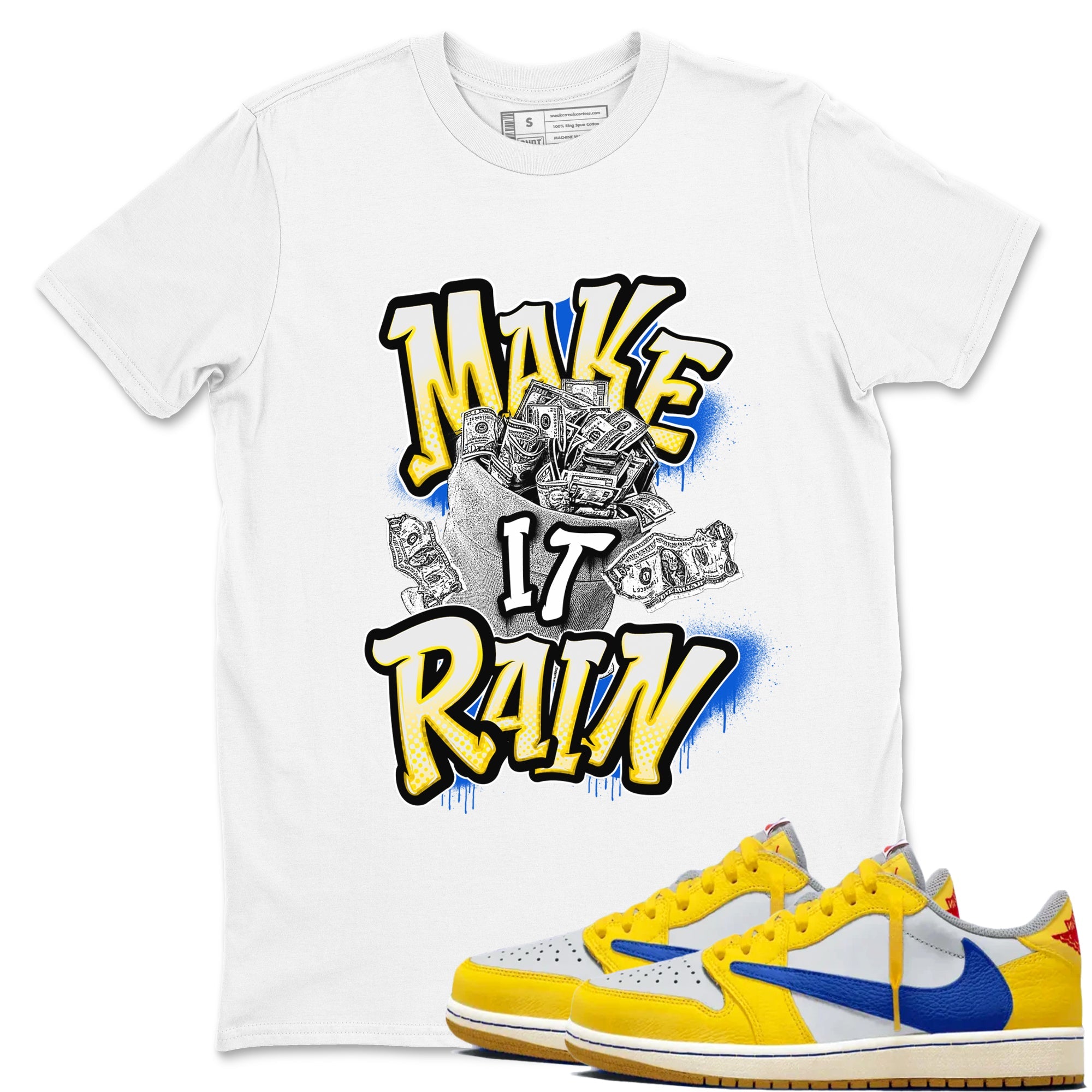 1s Travis Scott Canary shirt to match jordans Make It Rain Money sneaker tees Air Jordan 1 Travis Scott Canary Drip Gear Zone unisex cotton White 1 crew neck shirt