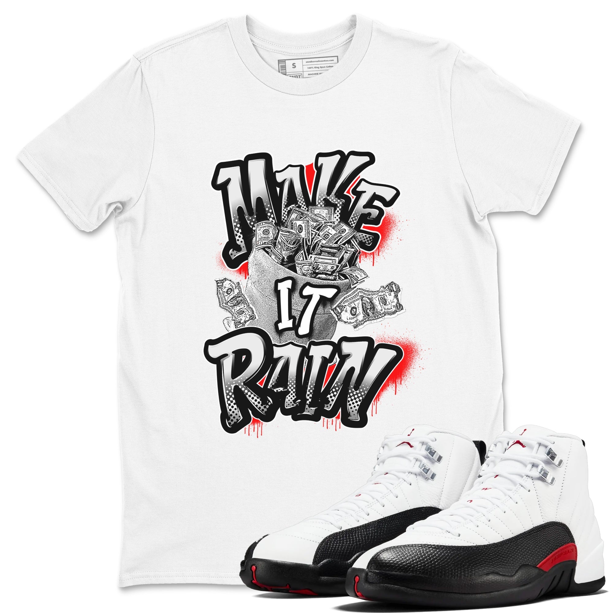 12s Taxi Flip shirts to match jordans Make It Rain Money sneaker match tees Air Jordan 12 Taxi Flip Drip Gear Zone streetwear brand White 1 unisex cotton tee
