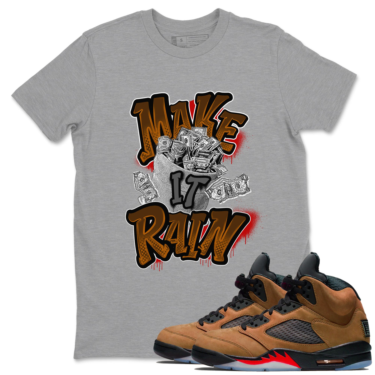 5s Archaeo Brown shirts to match jordans Make It Rain Money sneaker match tees Air Jordan 5 Archaeo Brown match shoes to clothes Drip Gear Zone unisex cotton Heather Grey 1 shirts