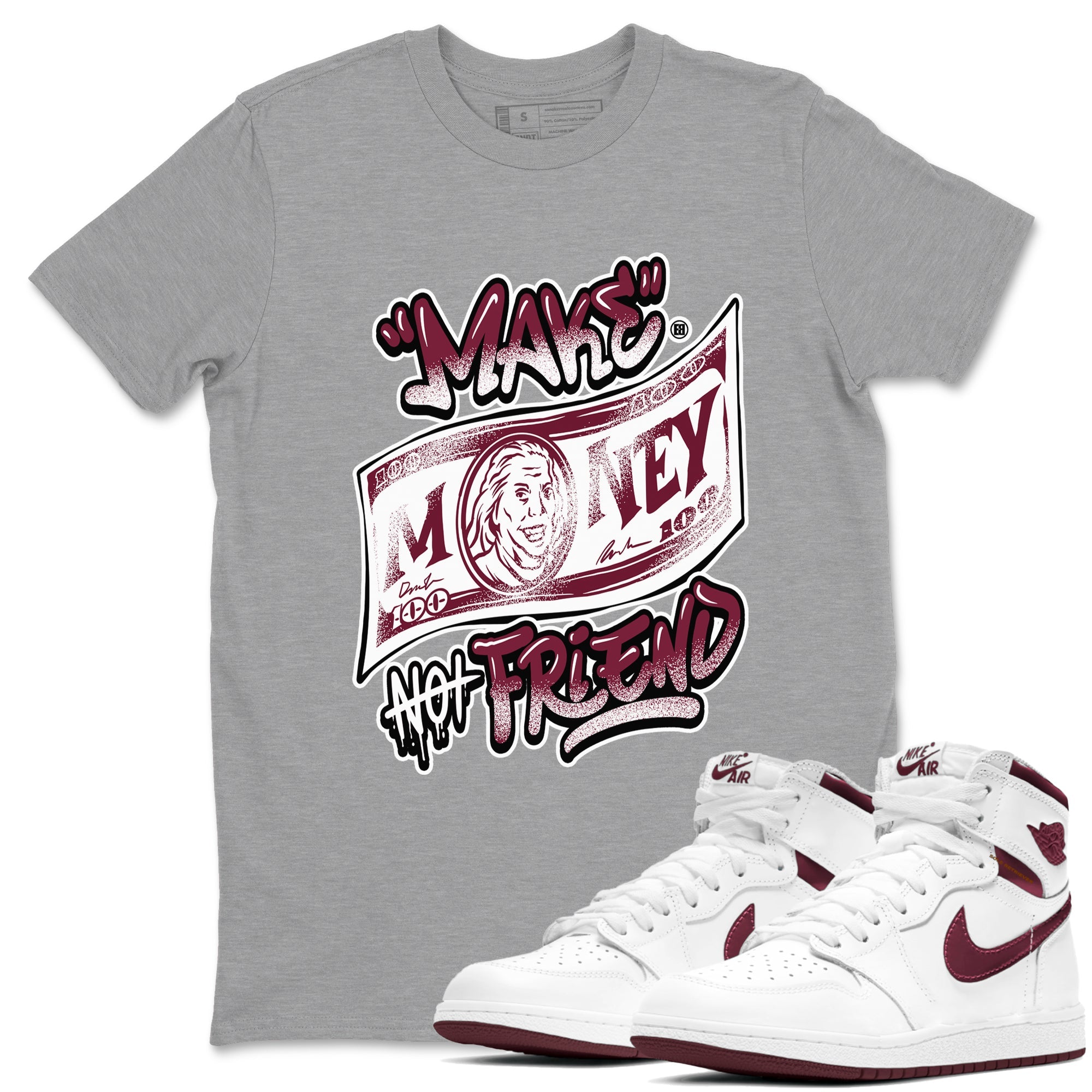 Air Jordan 1 High OG Metallic Burgundy shirts to match jordans Make Money Not Friends sneaker match tees Air Jordan 1 Metallic Burgundy Drip Gear Zone streetwear brand Heather Grey 1 unisex cotton tee