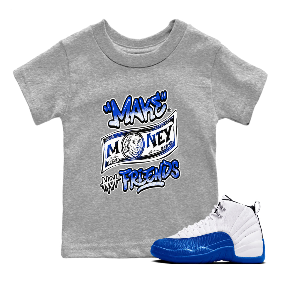 12s Blueberry shirts to match jordans Make Money Not Friends sneaker match tees Air Jordan 12 Blueberry Drip Gear Zone Youth Baby Heather Grey 1 crew neck shirts