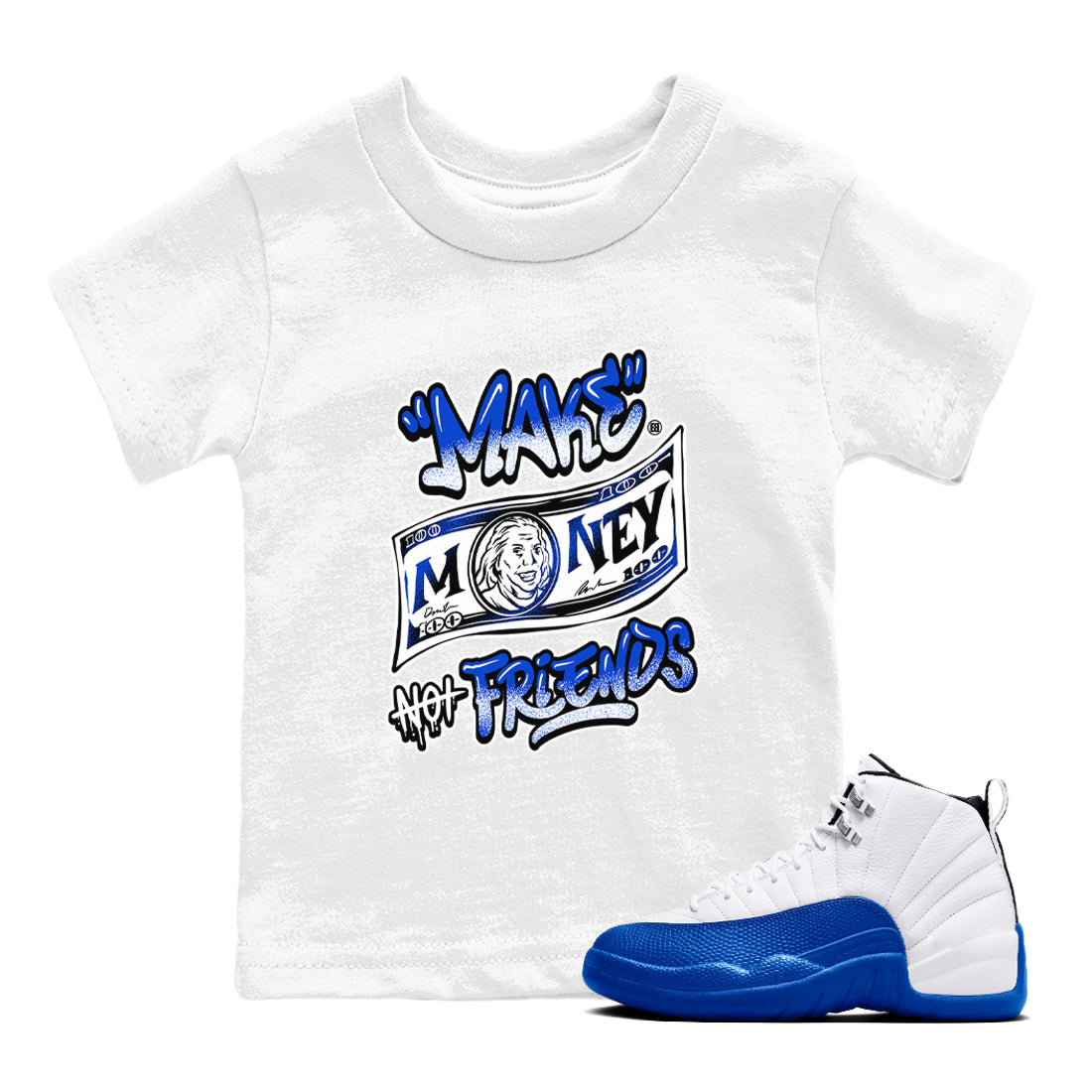 12s Blueberry shirts to match jordans Make Money Not Friends sneaker match tees Air Jordan 12 Blueberry Drip Gear Zone Youth Baby White 1 crew neck shirts