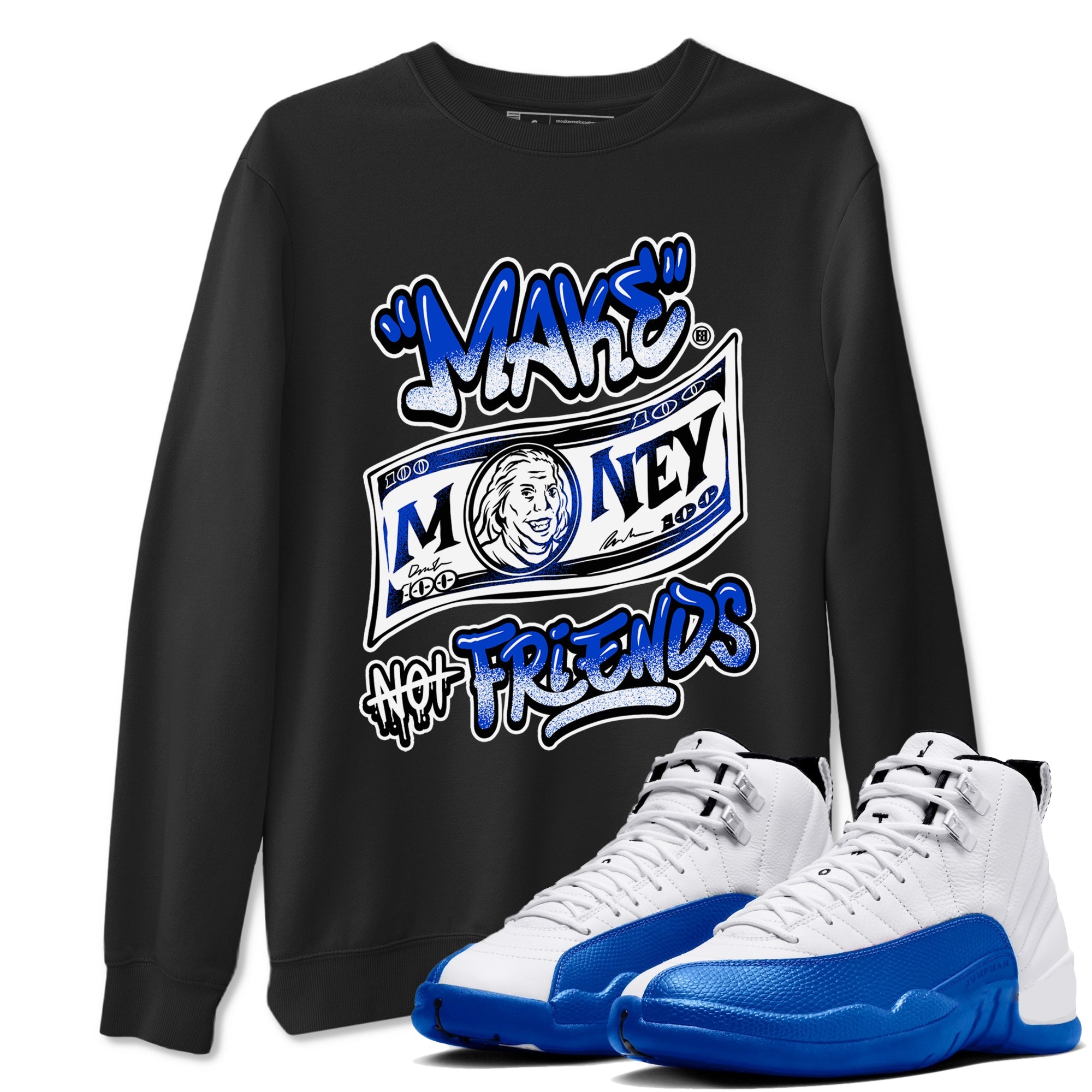 12s Blueberry shirts to match jordans Make Money Not Friends sneaker match tees Air Jordan 12 Blueberry Drip Gear Zone unisex cotton Black 1 crew neck shirts