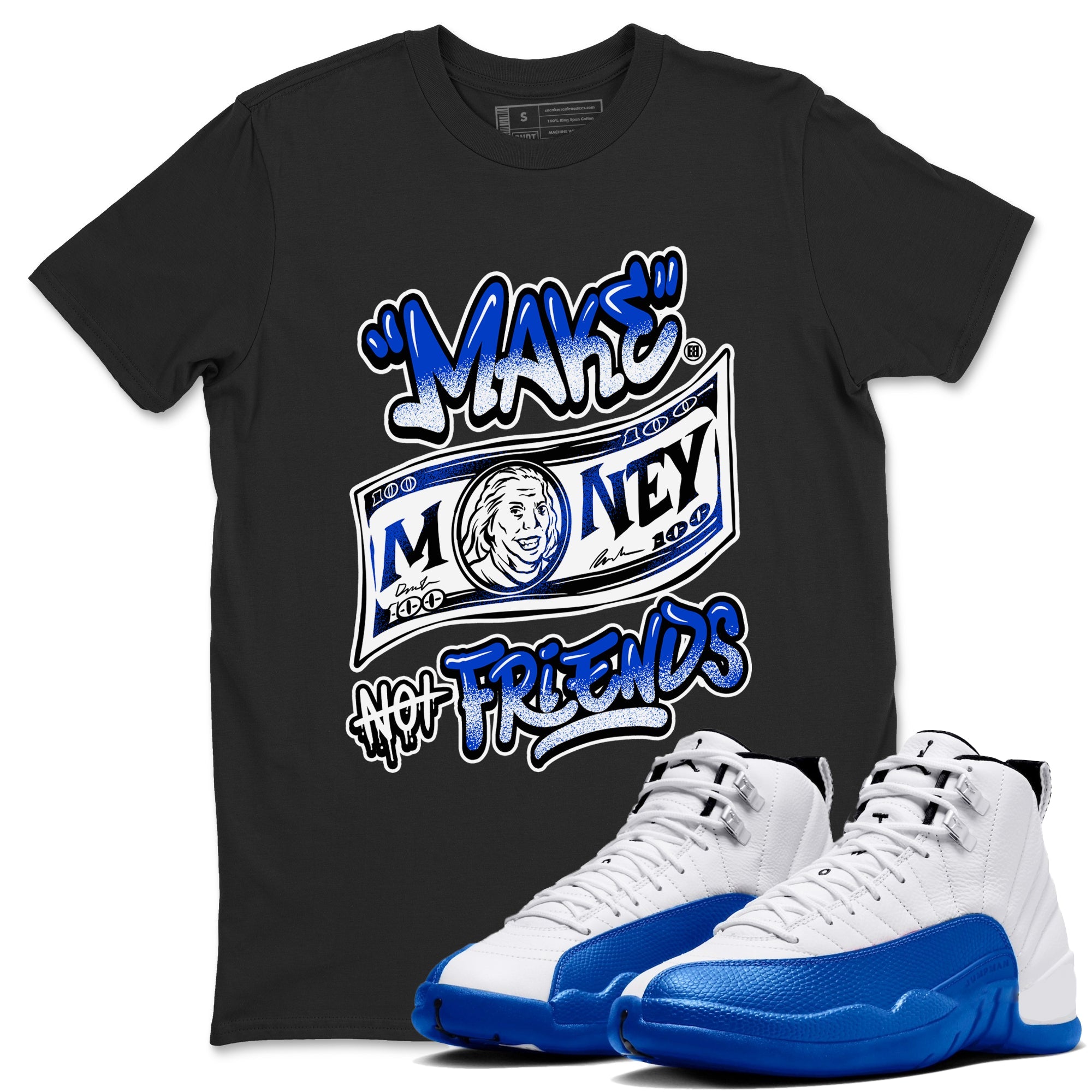 12s Blueberry shirts to match jordans Make Money Not Friends sneaker match tees Air Jordan 12 Blueberry Drip Gear Zone unisex cotton Black 1 crew neck shirts