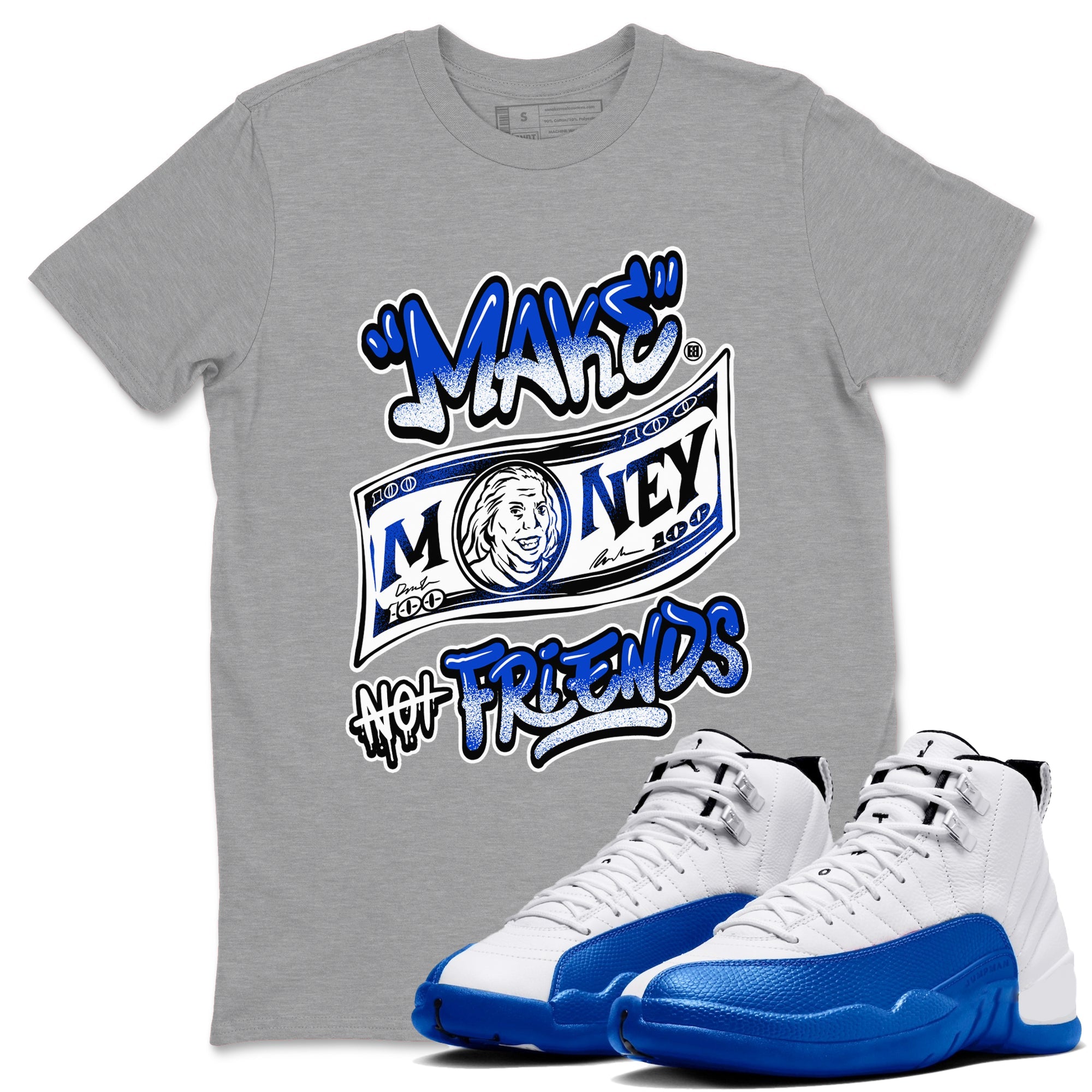 12s Blueberry shirts to match jordans Make Money Not Friends sneaker match tees Air Jordan 12 Blueberry Drip Gear Zone unisex cotton Heather Grey 1 crew neck shirts