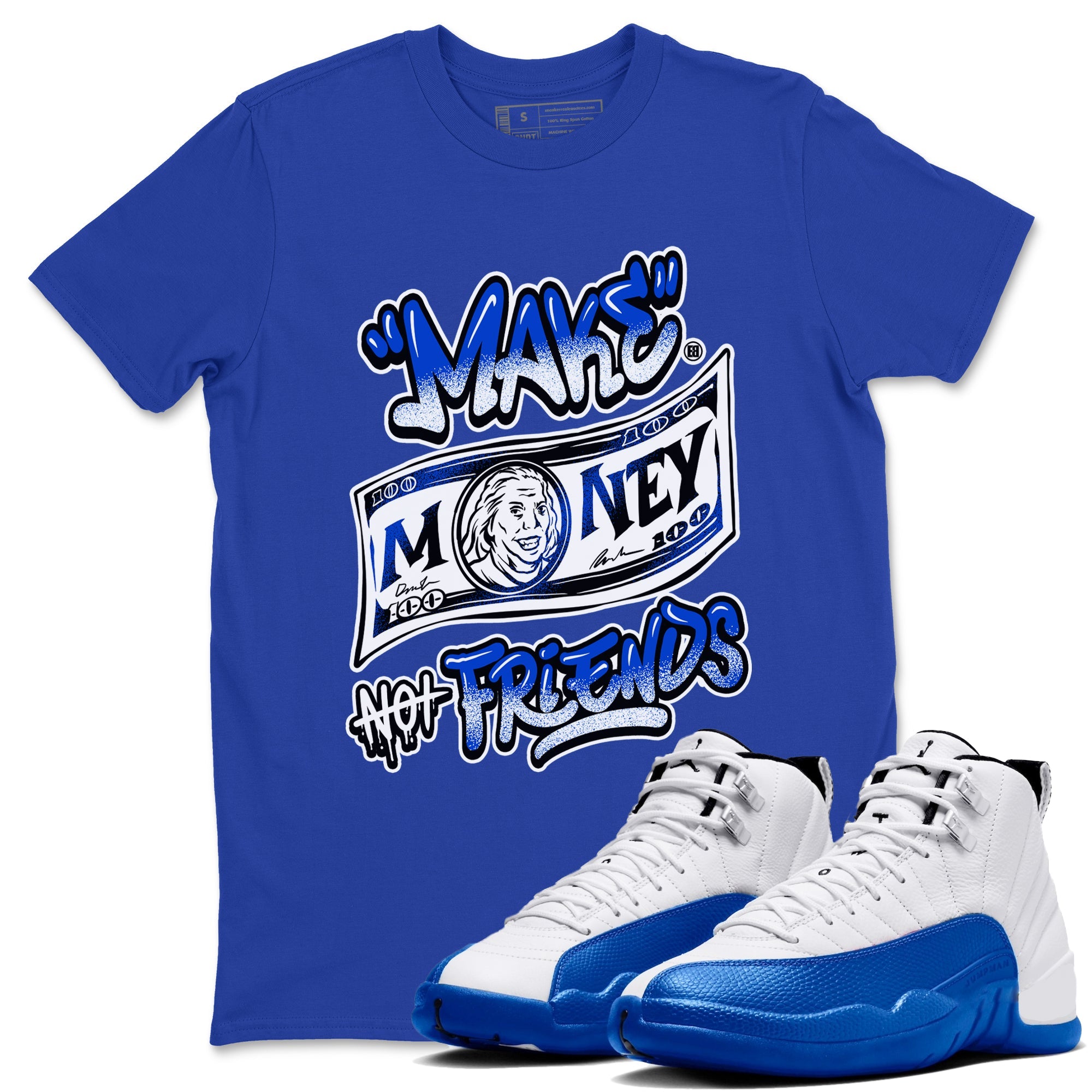 12s Blueberry shirts to match jordans Make Money Not Friends sneaker match tees Air Jordan 12 Blueberry Drip Gear Zone unisex cotton Royal Blue 1 crew neck shirts