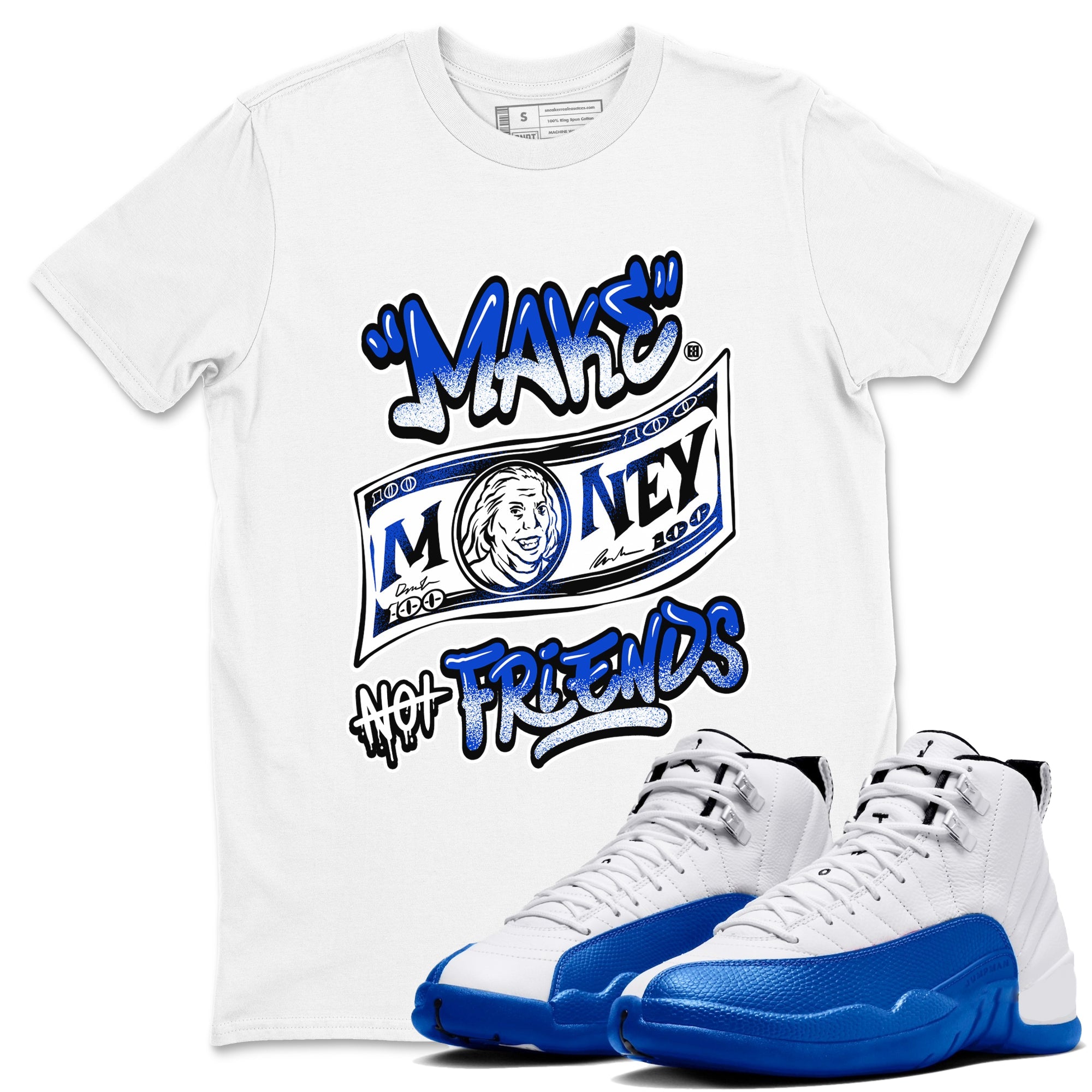 12s Blueberry shirts to match jordans Make Money Not Friends sneaker match tees Air Jordan 12 Blueberry Drip Gear Zone unisex cotton White 1 crew neck shirts