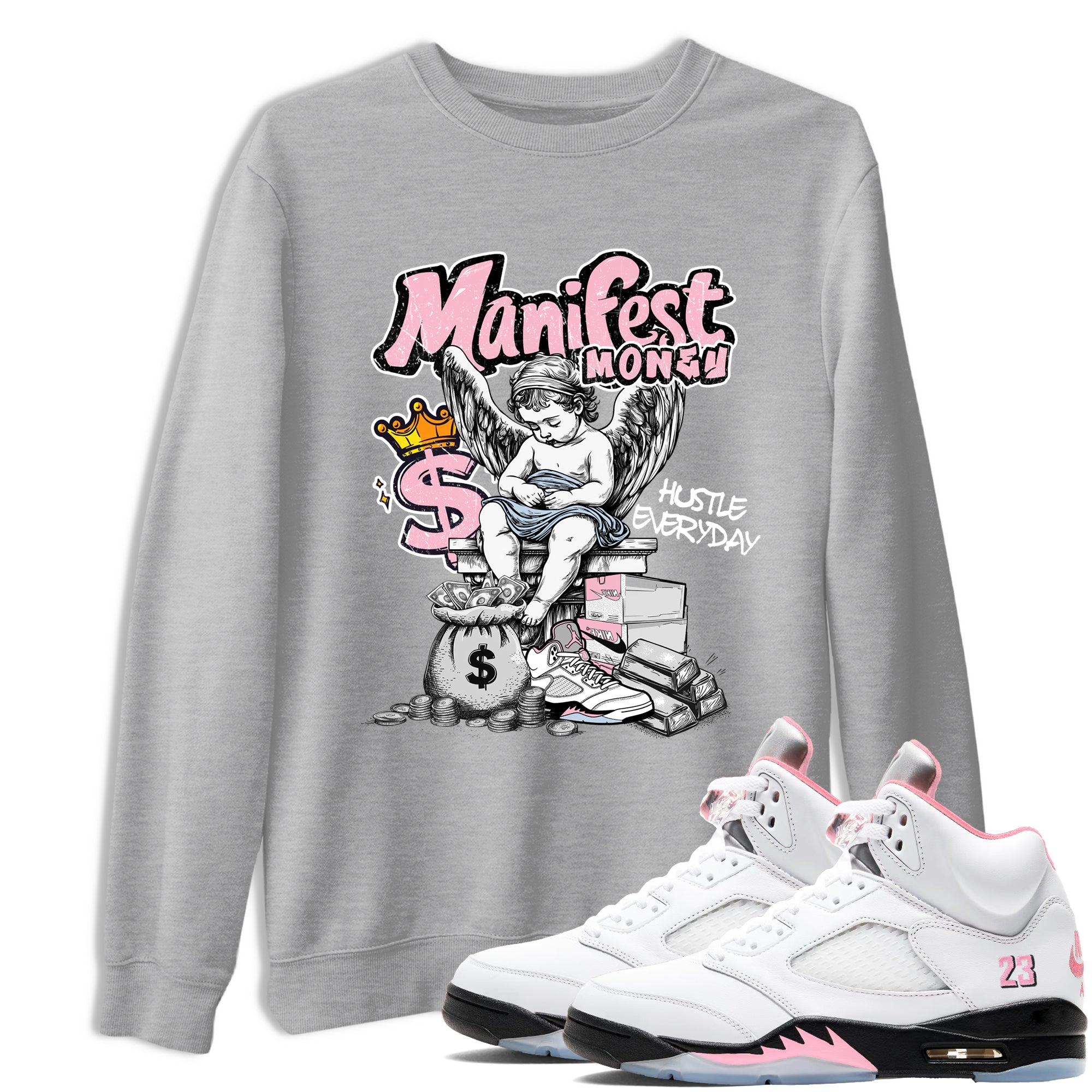 Sneaker match tees  Sneaker Tees To Match Air Jordan 5 Medium Soft Pink Shoes  Manifest Money Tee Heather Grey 1