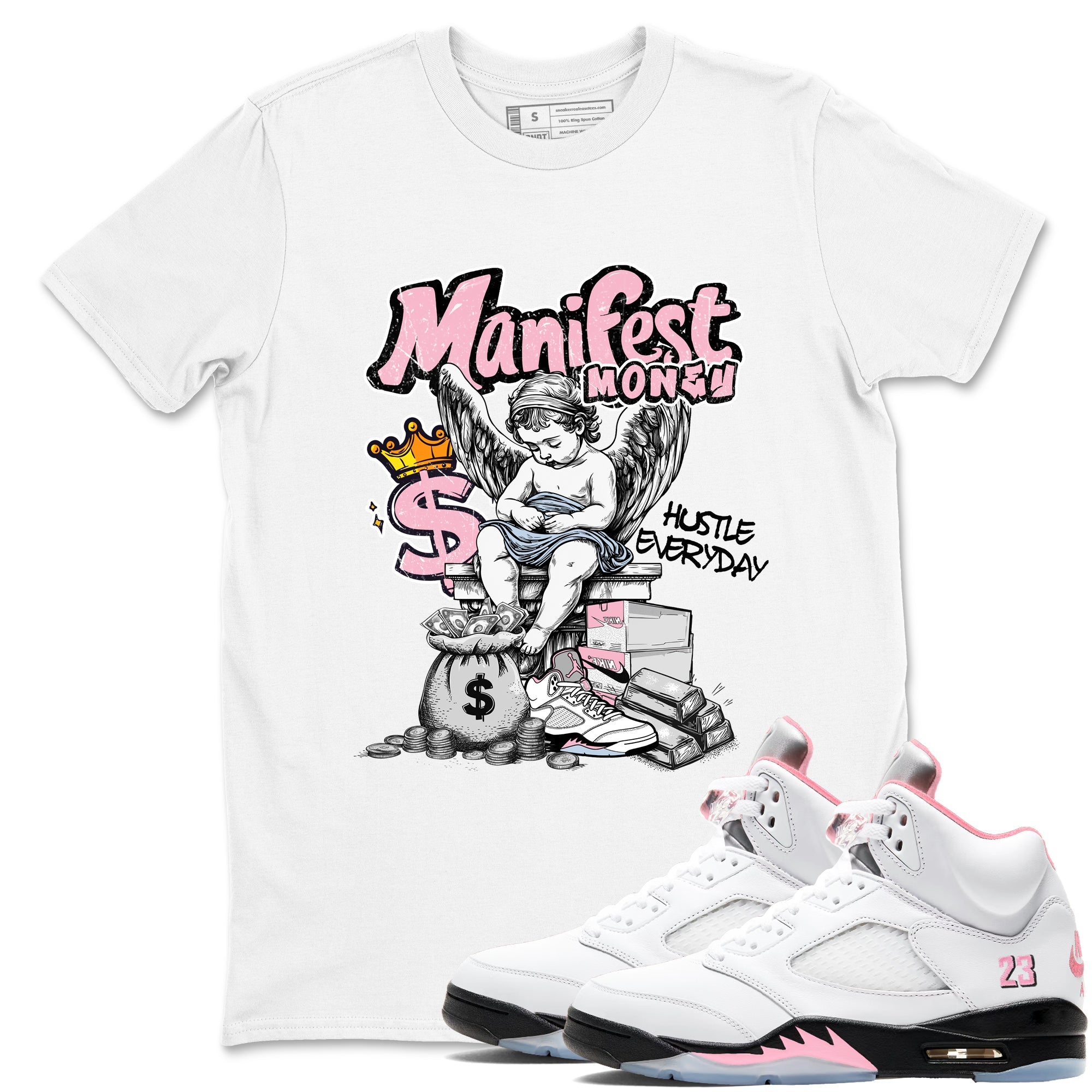 Sneaker match tees  Sneaker Tees To Match Air Jordan 5 Medium Soft Pink Shoes  Manifest Money Tee White 1