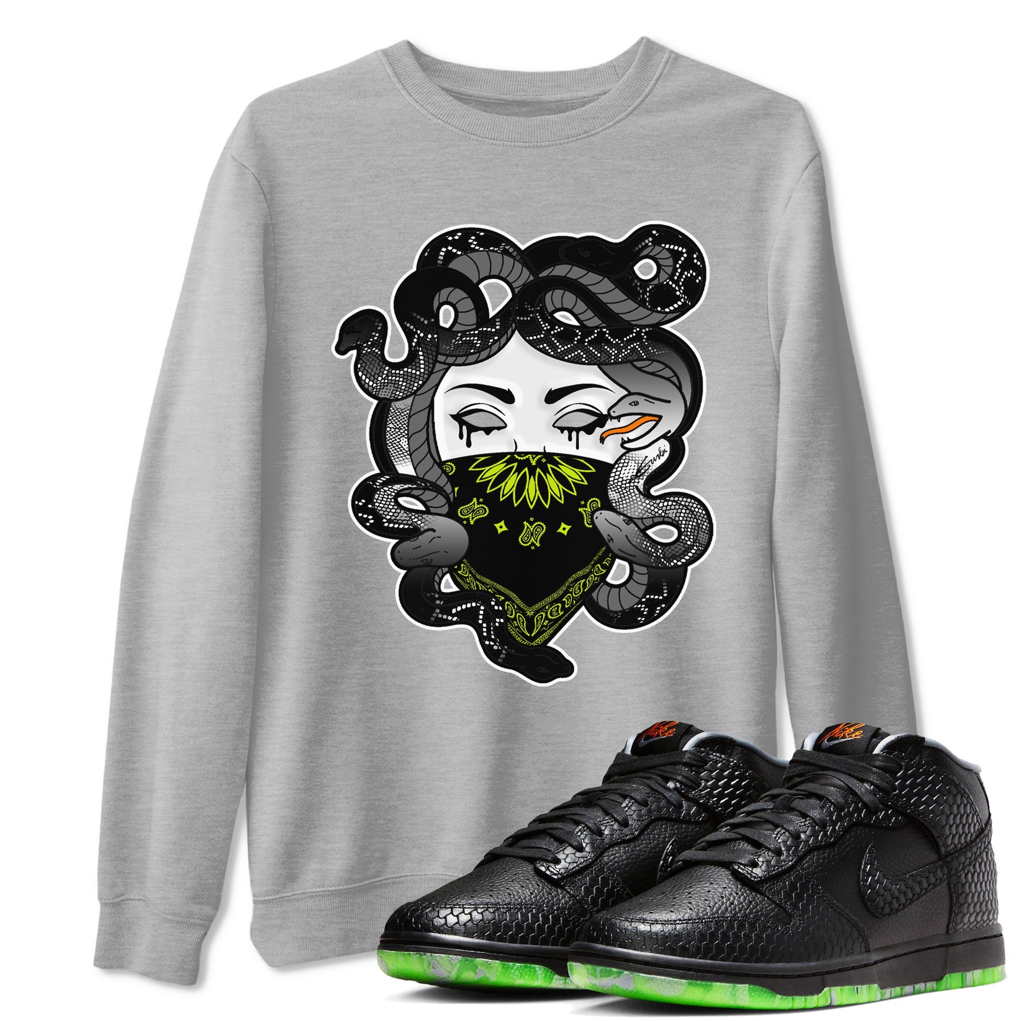 Dunk Halloween shirt to match jordans Medusa sneaker tees Dunk Mid Halloween Drip Gear Zone Sneaker Matching Clothing Brand Unisex Sneaker Tee Heather Grey 1 T-Shirt